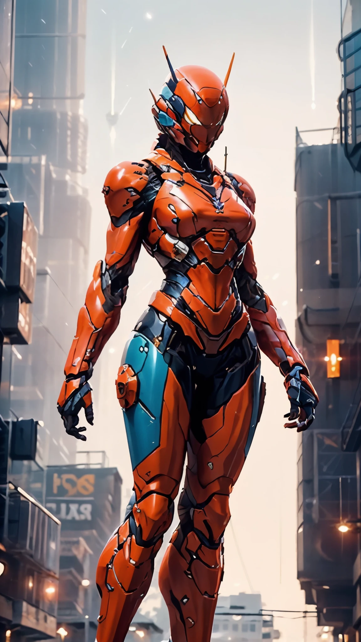 A woman adorned in fantasy-style full-body armor, a crown-concept fully enclosed helmet that unveils only her eyes, a composite layered chest plate, fully encompassing shoulder and hand guards, a lightweight waist armor, form-fitting shin guards, the overall design is heavy-duty yet flexible, ((the armor gleams with a golden glow, complemented by red and blue accents)), exhibiting a noble aura, she floats above a fantasy-surreal high-tech city, this character embodies a finely crafted fantasy-surreal style armored hero in anime style, exquisite and mature manga art style, (Queen bee mixed with Spider concept Armor, photorealistic:1.2, real texture material:1.2), ((night sky, city night view, elegant, goddess, femminine:1.5)), Unreal Engine 5, metallic, high definition, best quality, highres, ultra-detailed, ultra-fine painting, extremely delicate, professional, anatomically correct, symmetrical face, extremely detailed eyes and face, high quality eyes, creativity, RAW photo, UHD, 32k, Natural light, cinematic lighting, masterpiece-anatomy-perfect, masterpiece:1.5