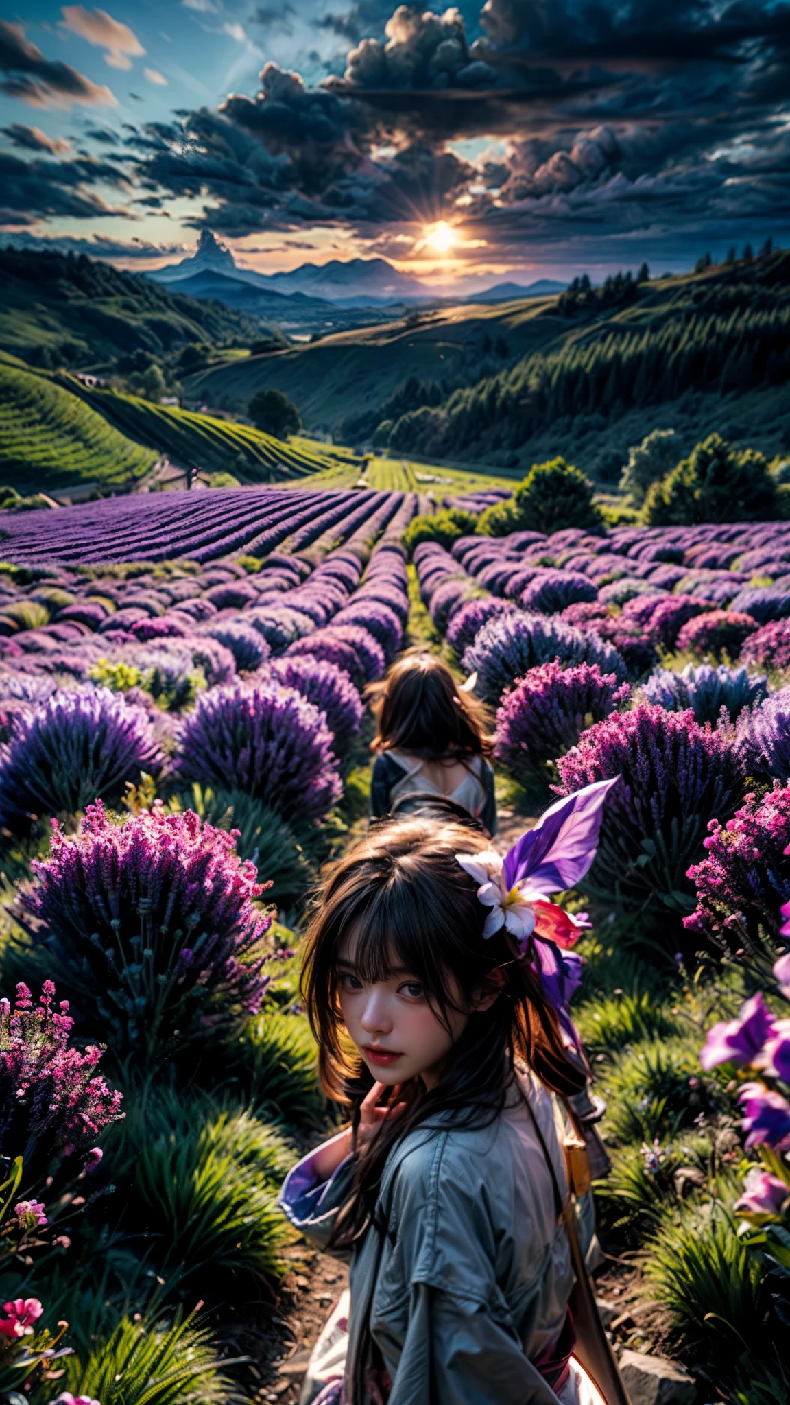 vast landscape photography,early night, (seen from below, the sky is above、The fields are below), A girl standing in a flower field and looking up, A stunning field of lavender in full bloom, with mountains in the distance. The lavender is a deep purple color, and the field is filled with its sweet scent. The moon is shining brightly, and the sky is a dark blue. There are a few clouds in the sky, and a slight breeze is in the air. A path winds through the lavender field, leading to a small cottage in the distance. The image is high resolution, with a lot of detail.
