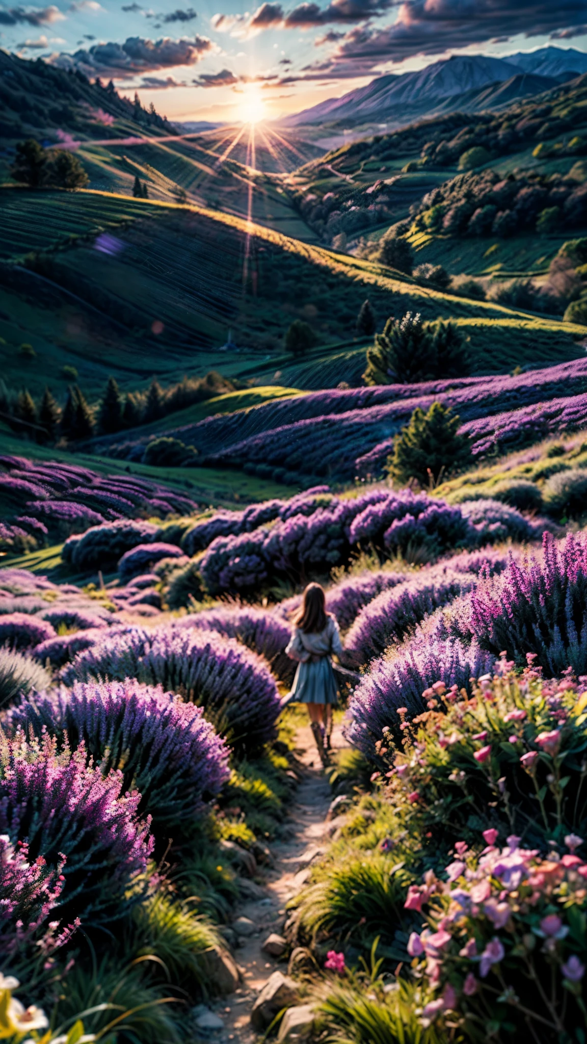 vast landscape photography,early night, (seen from below, the sky is above、The fields are below), A girl standing in a flower field and looking up, A stunning field of lavender in full bloom, with mountains in the distance. The lavender is a deep purple color, and the field is filled with its sweet scent. The moon is shining brightly, and the sky is a dark blue. There are a few clouds in the sky, and a slight breeze is in the air. A path winds through the lavender field, leading to a small cottage in the distance. The image is high resolution, with a lot of detail.