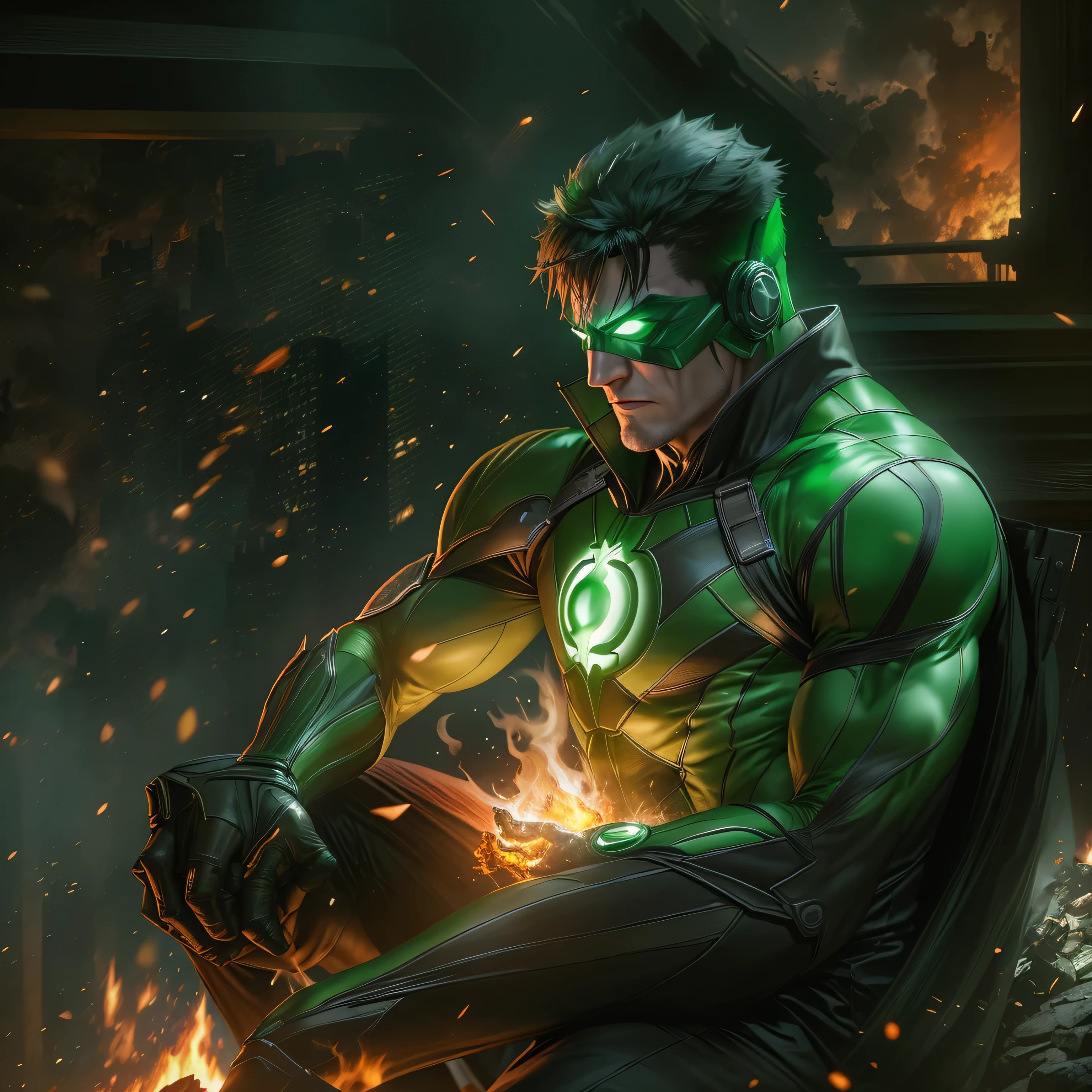 Green Lantern in dark knight costume in front of a fire, epic anime art, artgerm craig mullins, anime concept hdr anime macmanus, jin - roh, by Arthur Pan, antoine collignon, by Yang J, with bright red eyes, style of raymond swanland, artgerm and craig mullins, red son, dan mumford. 8k octane rendering