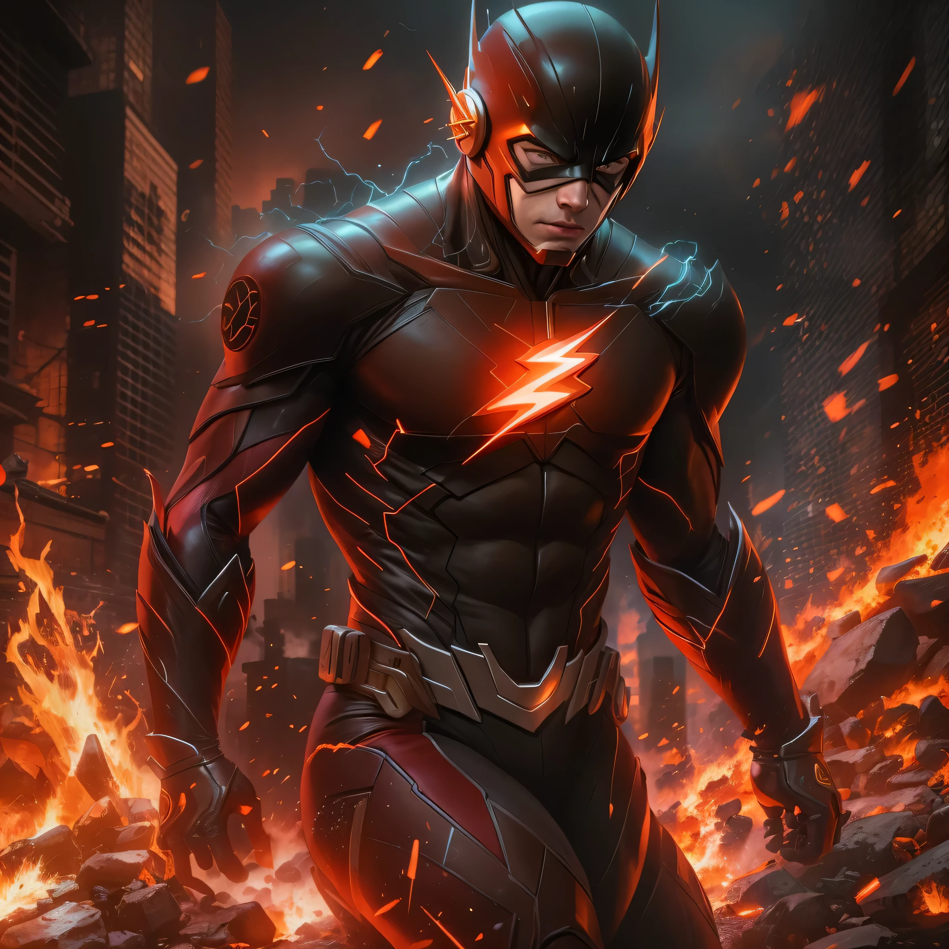 The Flash in dark knight costume in front of a fire, epic anime art, artgerm craig mullins, anime concept hdr anime macmanus, jin - roh, by Arthur Pan, antoine collignon, by Yang J, with bright red eyes, style of raymond swanland, artgerm and craig mullins, red son, dan mumford. 8k octane rendering