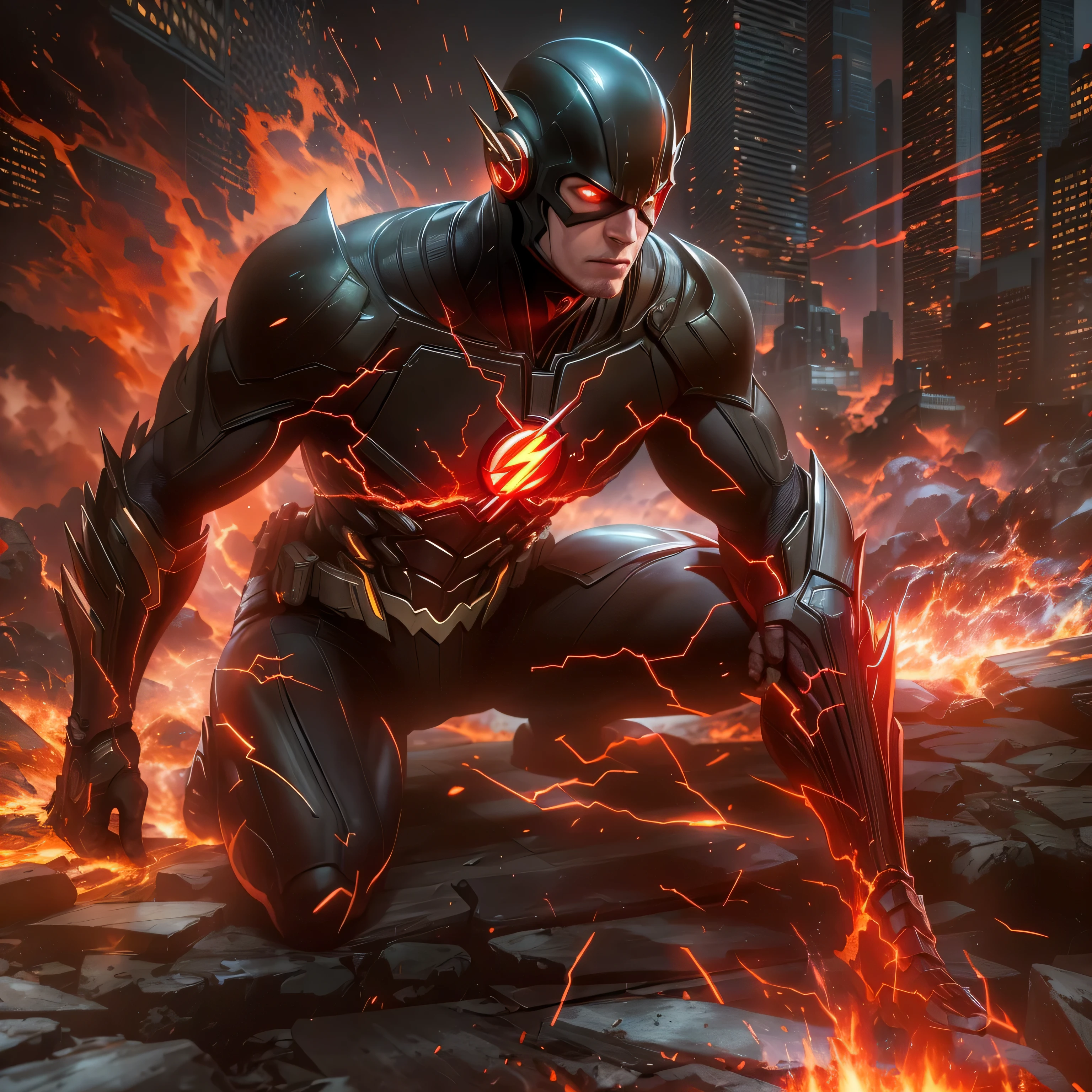 The Flash in dark knight costume in front of a fire, epic anime art, artgerm craig mullins, anime concept hdr anime macmanus, jin - roh, by Arthur Pan, antoine collignon, by Yang J, with bright red eyes, style of raymond swanland, artgerm and craig mullins, red son, dan mumford. 8k octane rendering