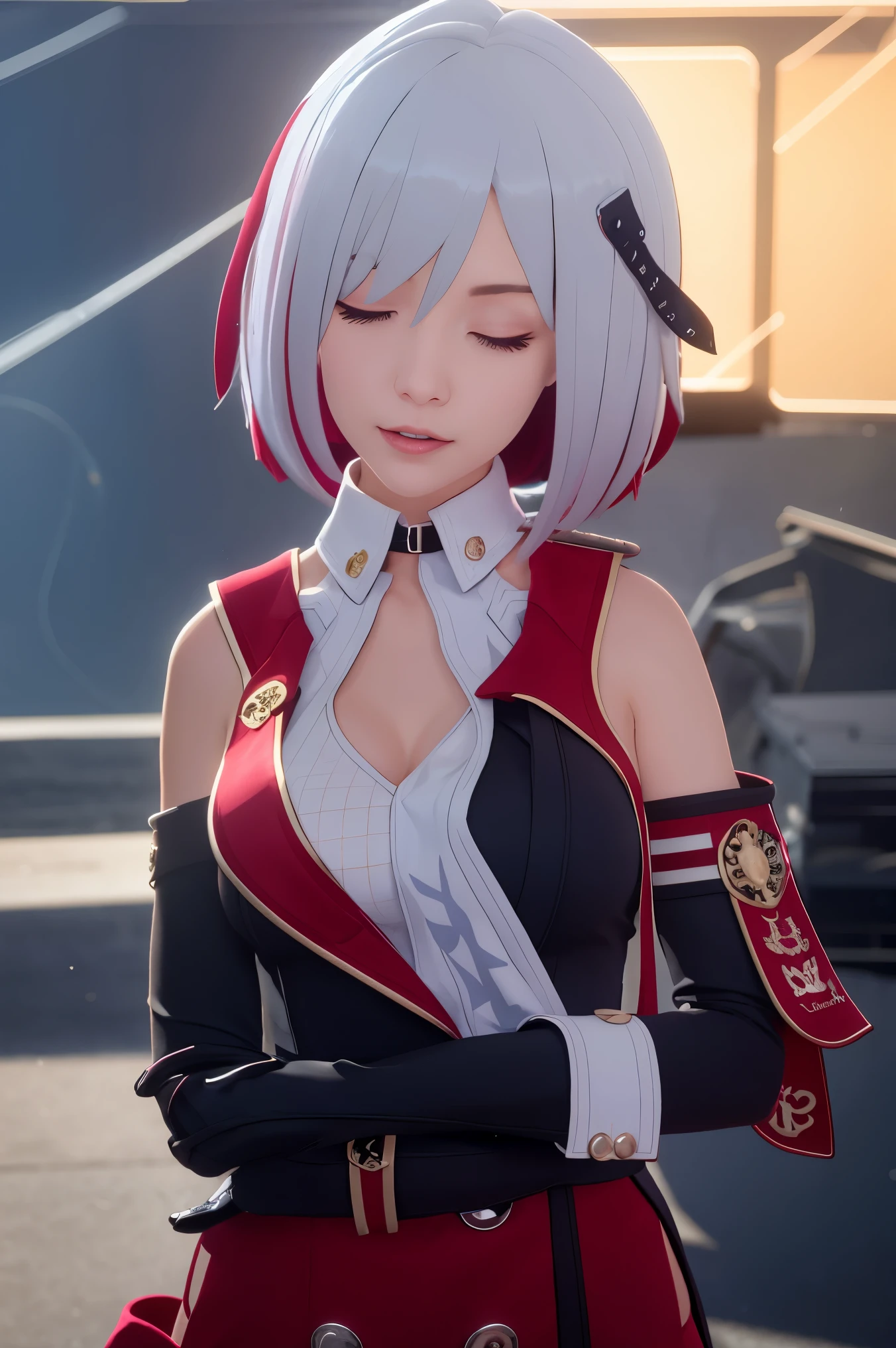 tuopa
1girl
admiral graf spee \(azur lane\)
bangs
bracelet
breasts
closed eyes
closed mouth
cross
detached sleeves
dress
eyebrows visible through hair
hair between eyes
hair ornament
jewelry
medium breasts
multicolored hair
necktie
red hair
short hair
silver hair
smile
solo
streaked hair
upper body