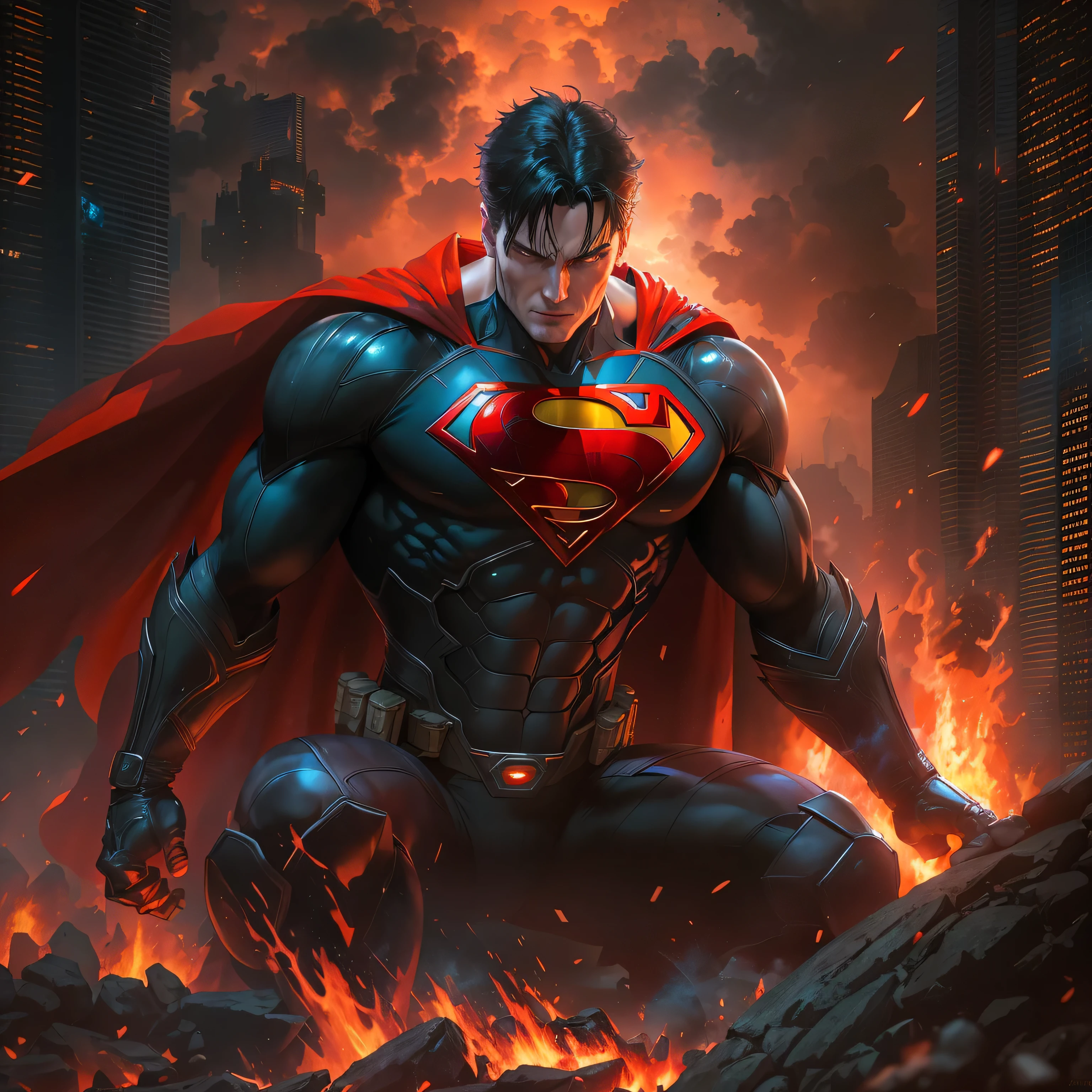 Superman in dark knight costume in front of a fire, epic anime art, artgerm craig mullins, anime concept hdr anime macmanus, jin - roh, by Arthur Pan, antoine collignon, by Yang J, with bright red eyes, style of raymond swanland, artgerm and craig mullins, red son, dan mumford. 8k octane rendering