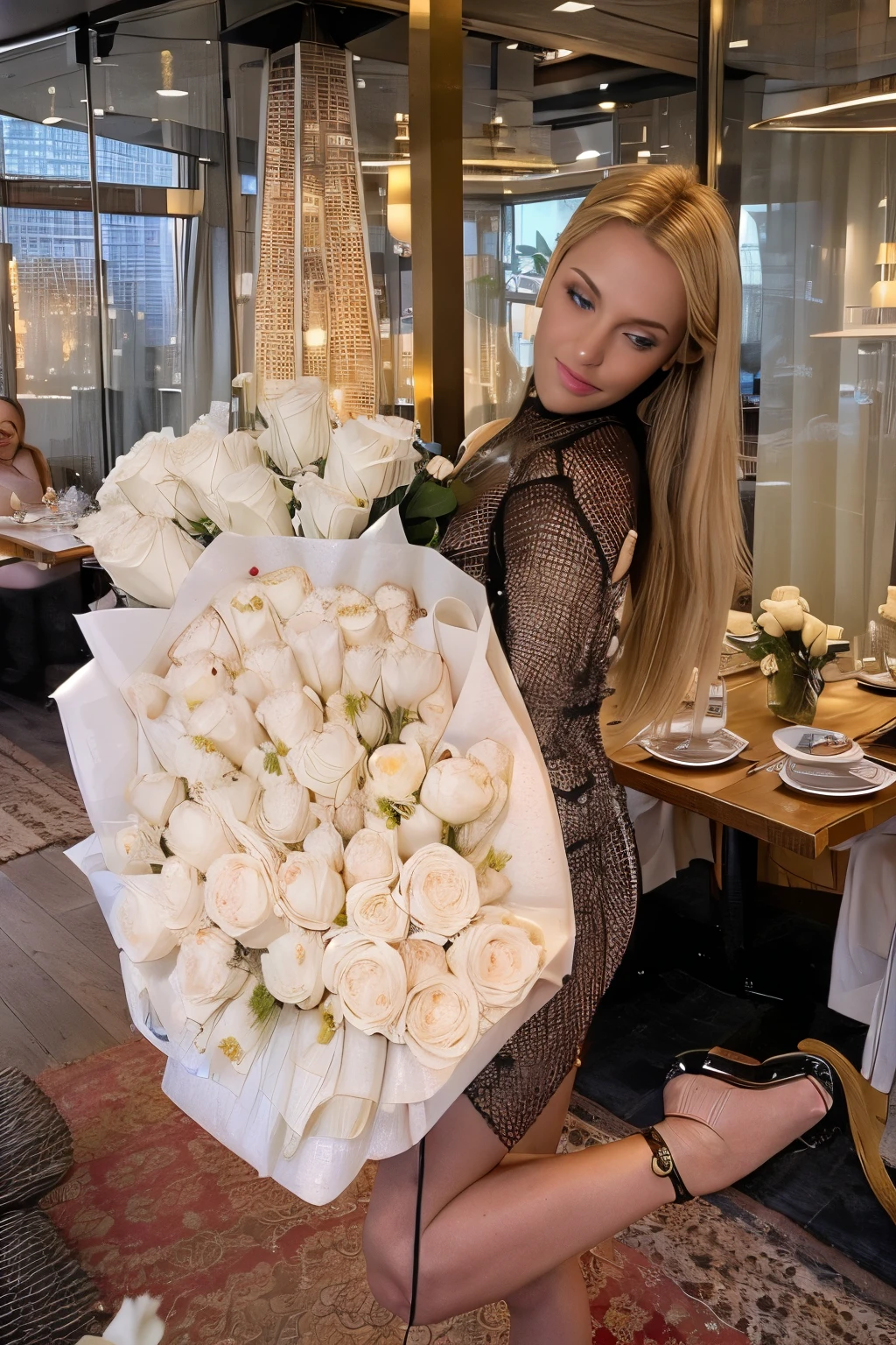 blonde woman holding a large bouquet of white roses in a restaurant, huge flowers, giant flowers, beautiful large flowers, large exotic flowers, dasha taran, huge blossoms, very wow, yelena belova, many peonies, with flowers, large opaque blossoms, roses in hands, 1614572159, huge flower, white roses