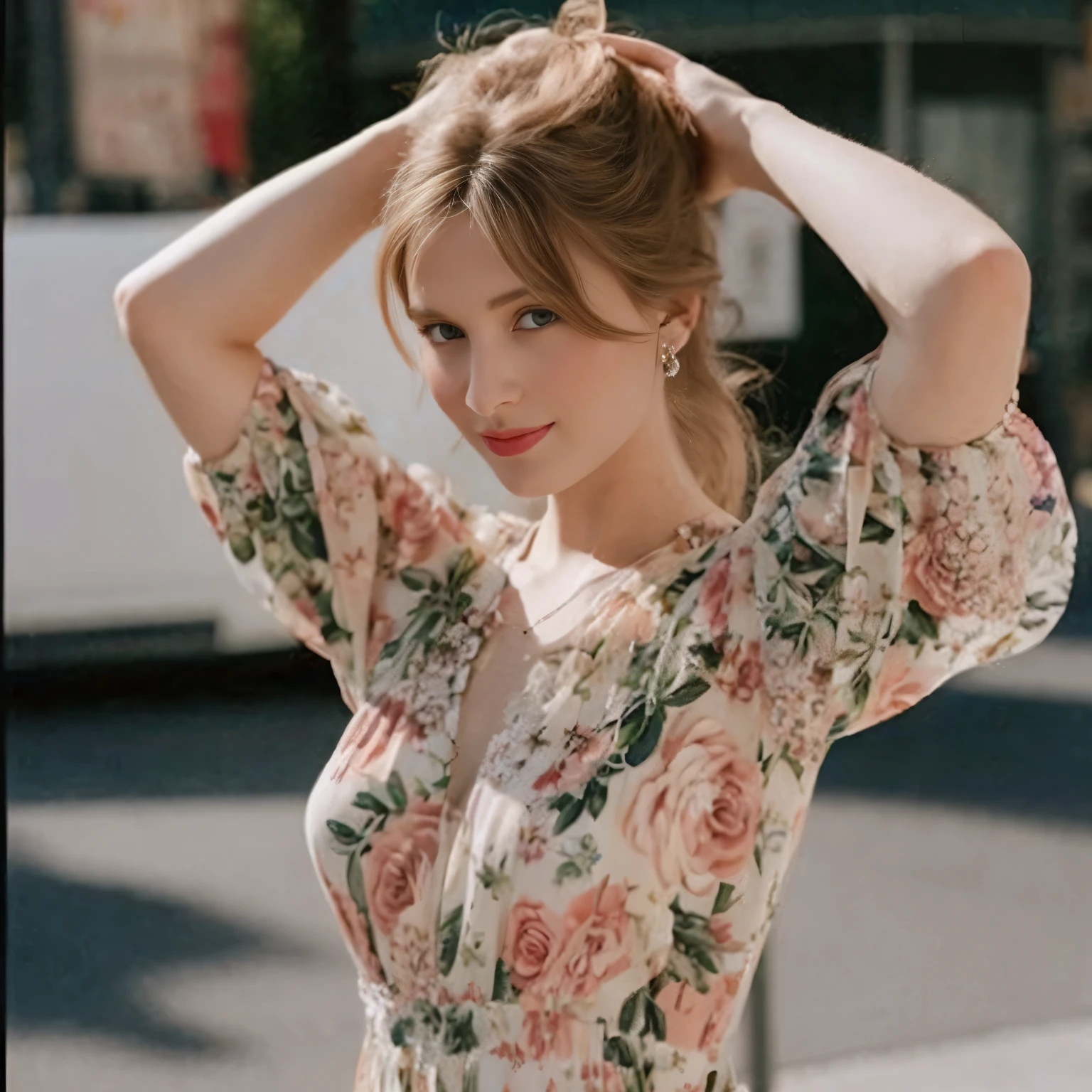 a close up of a woman in a floral dress on a city street, floral clothes, monia merlo, dressed in a flower dress, wearing a long flowery dress, flower dress, inspired by Florence Engelbach, woman in flowers, wearing in a summer dress, floral dream, flowery dress, floral details, wearing pink floral gown, puff sleeves