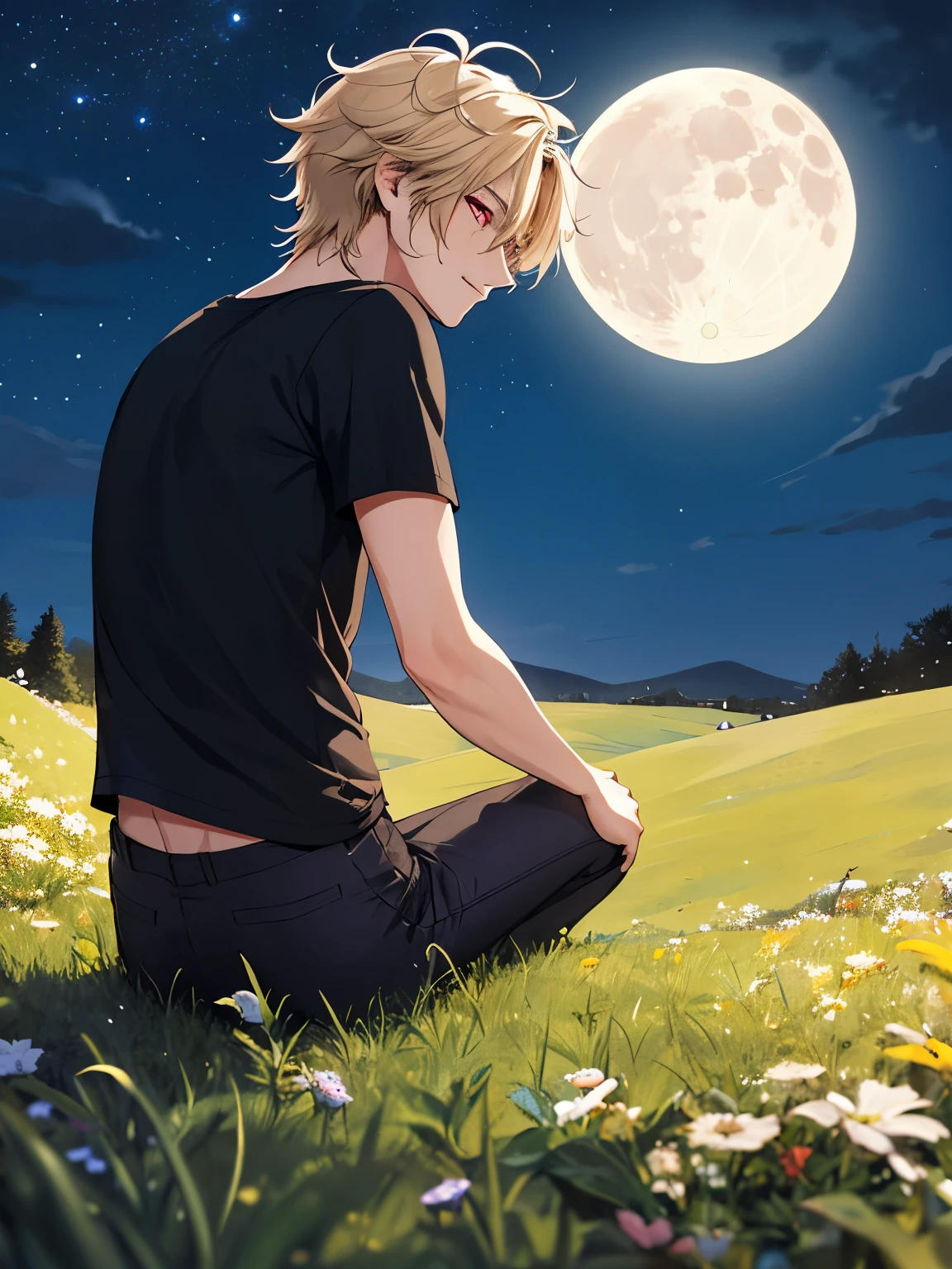 1 boy,solo,20 years old,Sitting on a grassy hill, looking away,at night, night, beautiful moon,facing the back, photo from behind,half body photo,handsome,messy hair,Perfect face, detailed face, short hair, blonde hair,black t-shirt,black trousers, Long pants,red eyes,bright red eyes, vampire