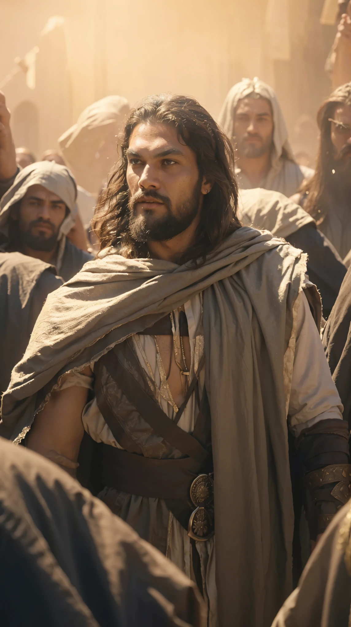 arafed image of a man with a beard and a cape standing in a crowd, jesus of nazareth, jason momoa as assyrian, biblical epic movie, 8 k movie still, dressed like jesus christ, movie still 8 k, still from a live action movie, biblical clothing, official art, jesus christ, digitally painted, inspired by Jacob More, handsome man