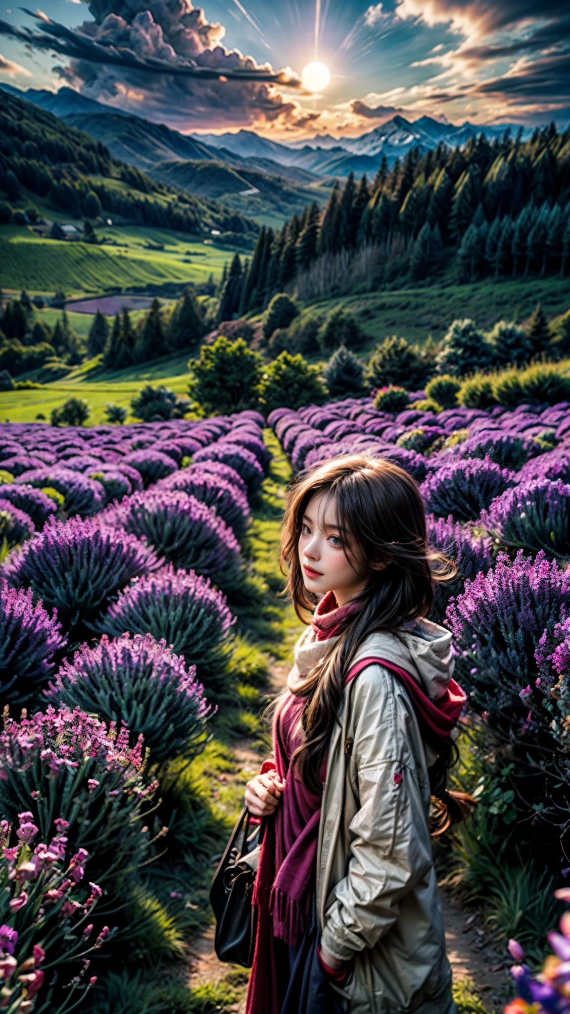 vast landscape photography,early night, (seen from below, the sky is above、The fields are below), A girl standing in a flower field and looking up, A stunning field of lavender in full bloom, with mountains in the distance. The lavender is a deep purple color, and the field is filled with its sweet scent. The moon is shining brightly, and the sky is a dark blue. There are a few clouds in the sky, and a slight breeze is in the air. A path winds through the lavender field, leading to a small cottage in the distance. The image is high resolution, with a lot of detail.
