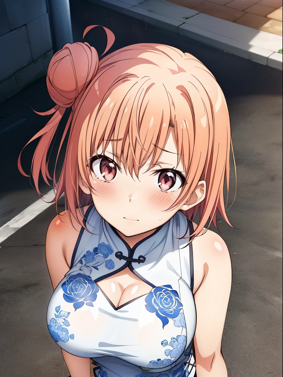 (highest quality, High resolution, perfect pixel, Depth of the bounds written, 4k, beautiful anime girl),  
looking at the viewer, 
perfect body,  

Yuigahama Yui, short hair, hair buns, 
large breast, 
(blush all over the face, embarrassing:1.3), 
 
in street, 

(oekakizuki china dress), 
from above, upper eyes, 
