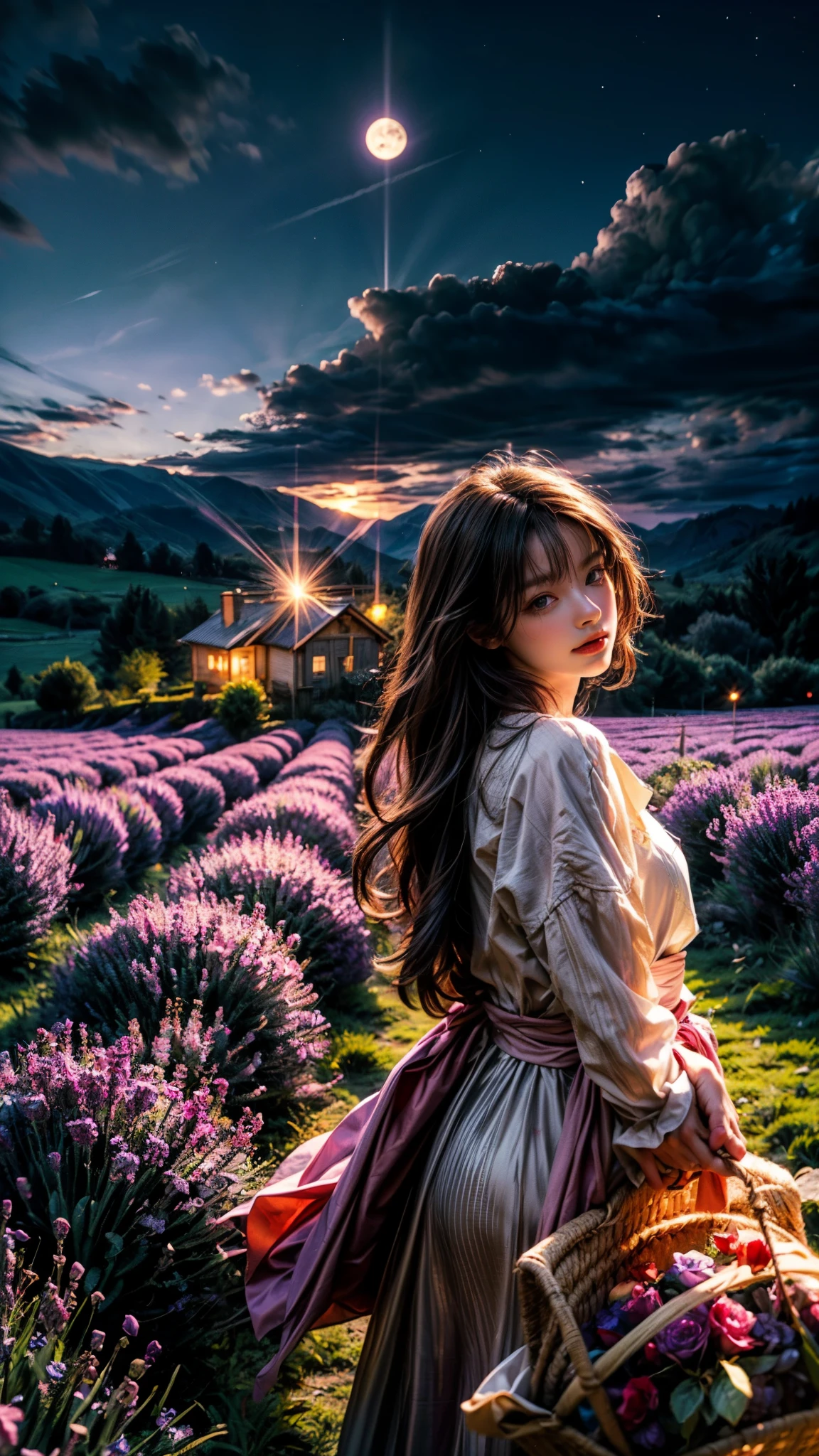 vast landscape photography,early night, (seen from below, the sky is above、The fields are below), A girl standing in a flower field and looking up, A stunning field of lavender in full bloom, with mountains in the distance. The lavender is a deep purple color, and the field is filled with its sweet scent. The moon is shining brightly, and the sky is a dark blue. There are a few clouds in the sky, and a slight breeze is in the air. A path winds through the lavender field, leading to a small cottage in the distance. The image is high resolution, with a lot of detail.