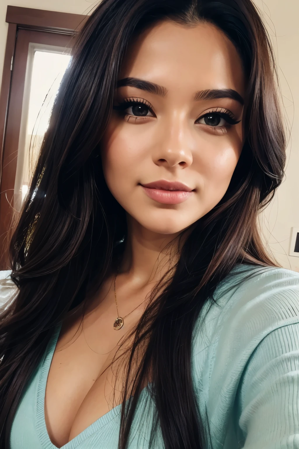hyper-realistic front-camera selfie photo of a woman sending a kiss to the camera