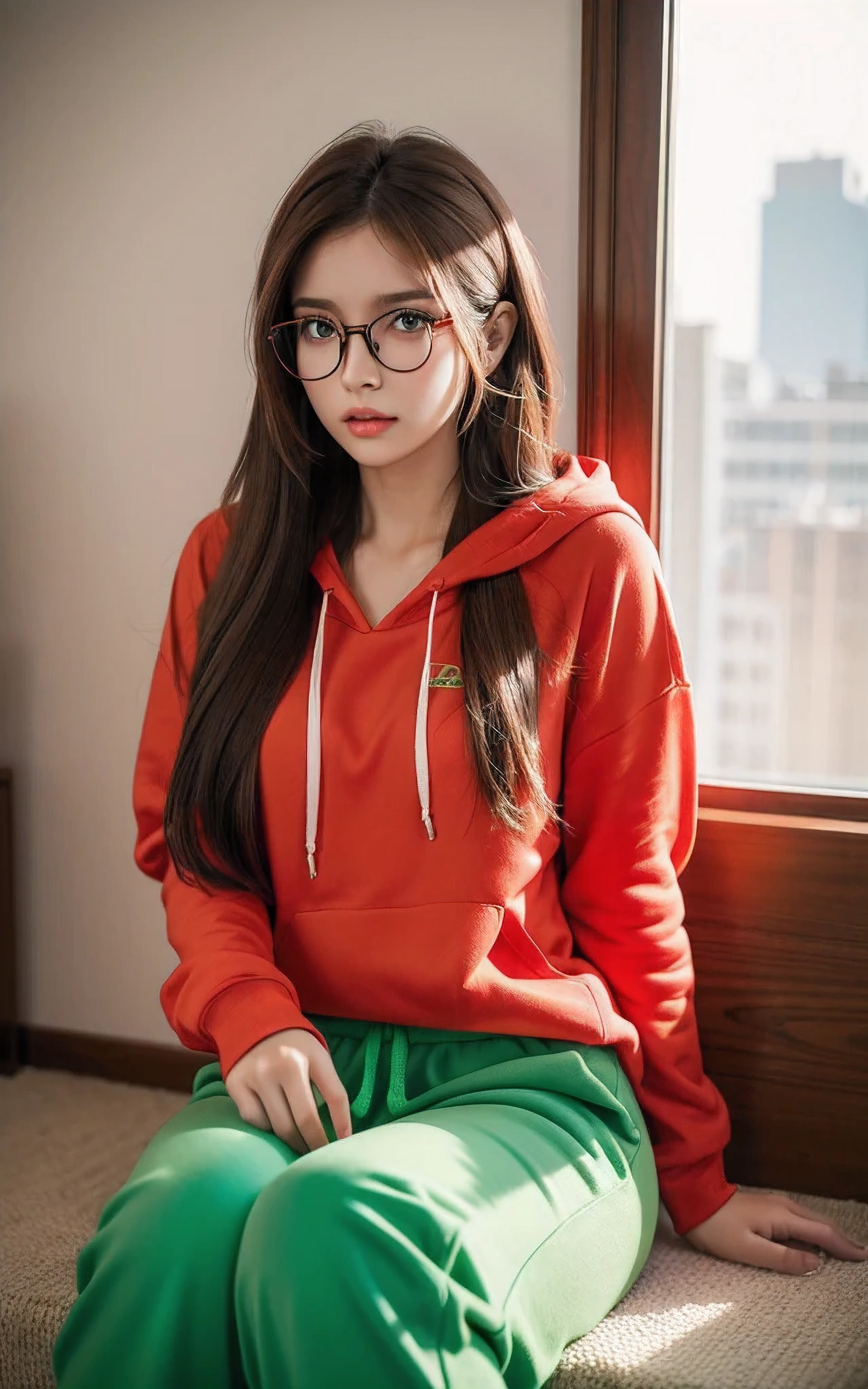 Beautiful woman, long hair, neon brown hair, using headphones, red eyes, glasses, green hoodie, pants, room, detailed eyes, lie down on the bed