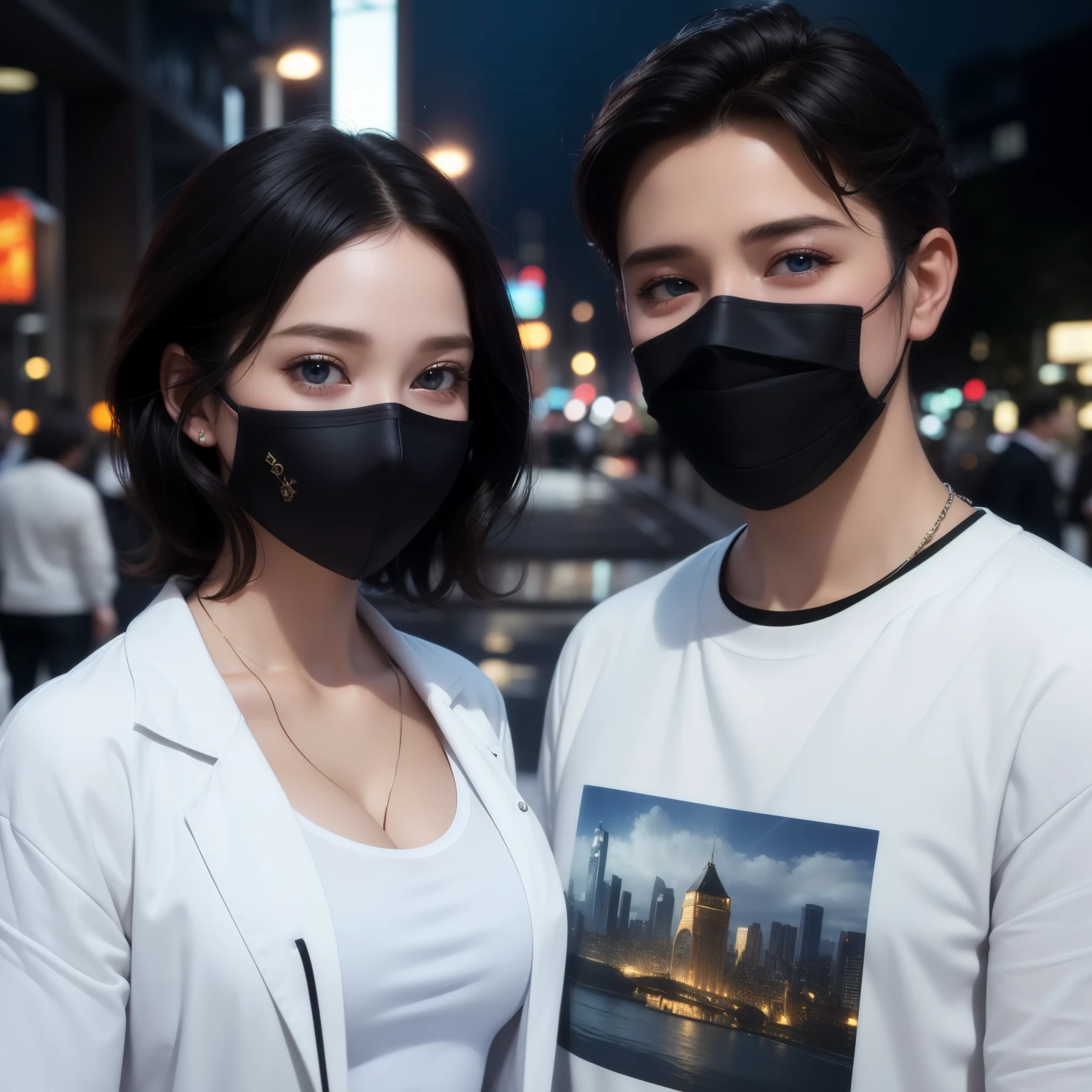 Couple, woman and man, Beautiful big breastokeh), indoors, detailed luxury living room, gentle and charming beautiful goddess, Korean(kpop-idol), solo, necklace, oval face, double eyelids, smart, good hands, good feet, Natural, (from below angle), (glossy skin:1.05), ((low angle)), Perfect figure, (64k, UHD, RAW photo, best quality, masterpiece:1.4), (realistic, photo-realistic:1.37), ultra high res, photon mapping, radiosity, physically-based rendering, professional soft lighting, blue eyes, mask, (man curly hair), (woman bigs tits)