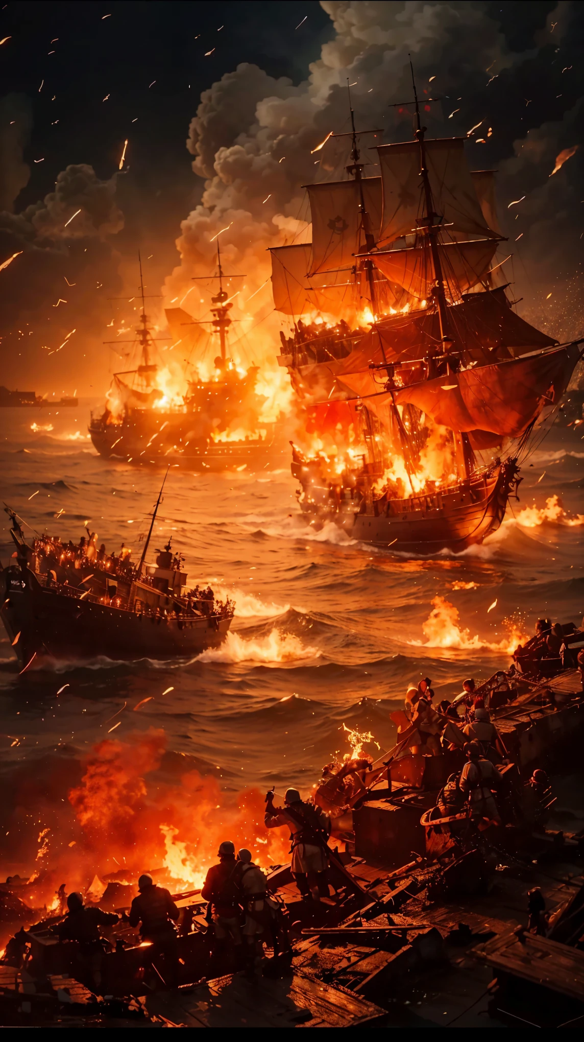 there are many ships in the water with a lot of people on them, burning ships, ships on fire, epic naval battle, pirate ships at war at night, by Roman Bezpalkiv, by Tadeusz Pruszkówski, a sea battle, epic battlescene, by Krzysztof Boguszewski, dramatic artwork