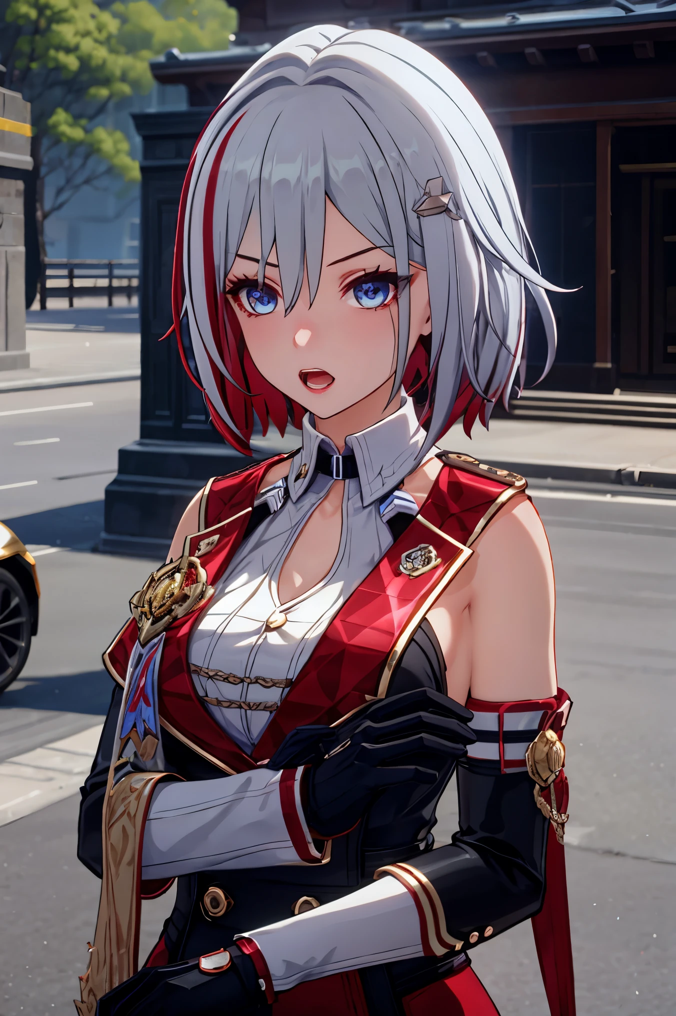 tuopa
1girl
bangs
black gloves
breasts
eyebrows visible through hair
gloves
hair between eyes
hair ornament
looking at viewer
multicolored hair
open mouth
outdoors
parted lips
red hair
rubble
ruins
short hair
silver hair
solo
streaked hair
upper body