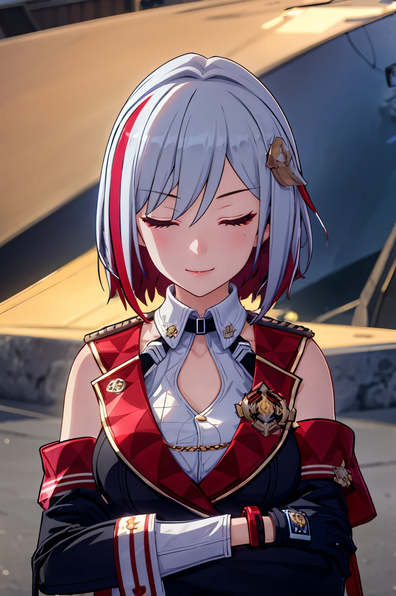 tuopa 1girl admiral graf spee \(azur lane\) bangs bracelet breasts closed eyes closed mouth cross detached sleeves dress eyebrows visible through hair hair between eyes hair ornament jewelry medium breasts multicolored hair necktie red hair short hair silver hair smile solo streaked hair upper body