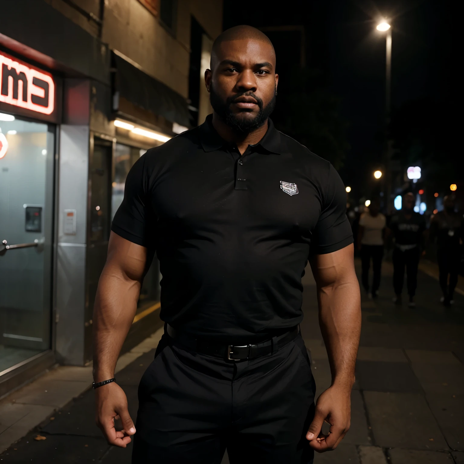Angry, very muscular, hairy, bulky, African-American, dark skin, bouncer aged 40 with a thick beard and shaved head, wearing a black polo, standing outside a nightclub