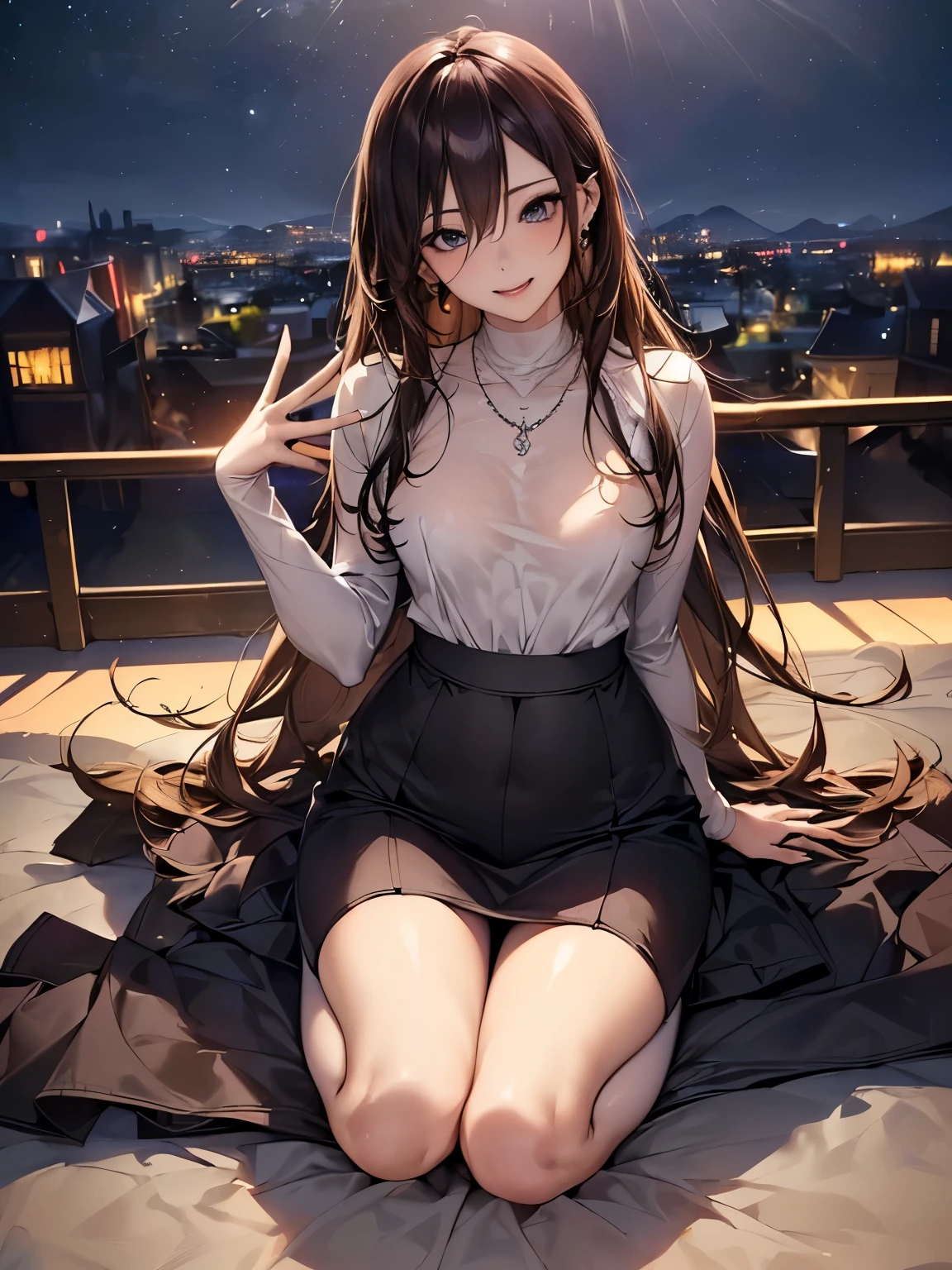 ((Biologically correct number of limbs、number of fingers))、((full body shot, Full body photo including face、head to toe photo))、[NSFW]、4K、masterpiece、((focus on the face))、((Symmetrical facial features))、Eyes of minute description、Beautiful woman、outstanding style、slender body、(small ass、thin thighs）、(smiling)、non sleeve、((long skirt))、double leg fishnet tights、(high heels）、Detailed depiction of faces、small earrings、necklace、Low - Angle、The subject is far away、shallow depth of field、wide angle focal length、long straight shiny hair、The background is a night view of the city、(buckshot)、hair band