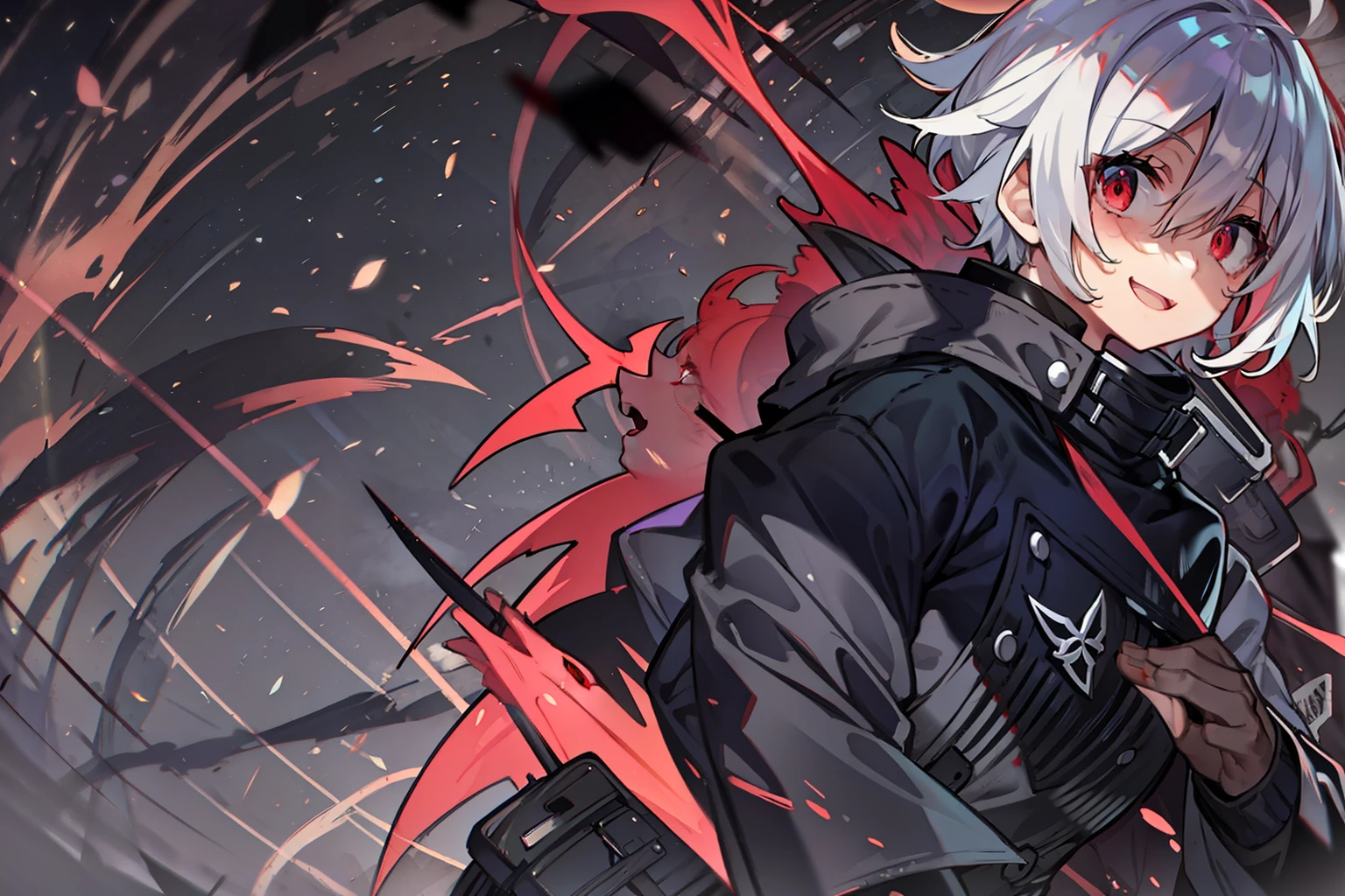 <lora:twistedscarlett60_style:0.8>, (best quality, masterpiece:1.5), (1boy, solo:1.1), <lora:e7Haste-07:.8>, hooded_jacket, choker, boots, pants, white hair, short hair, profile, serious, red jewelry, cowboy shot,