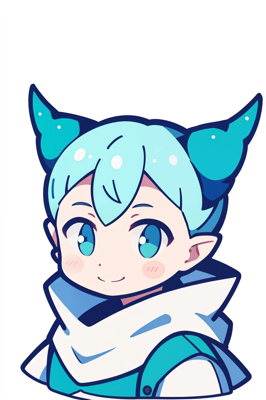 White background, vertical painting, 2:1 head body, boy, small dragon horn, White T-shirt, blue hair, evil smile, pointy ears, star-shaped pupils, short hair, Positive face, A dragon egg is printed on the T-shirt, Two horns on the forehead, anime style, drop shadow, reference sheet, character chart, highres
