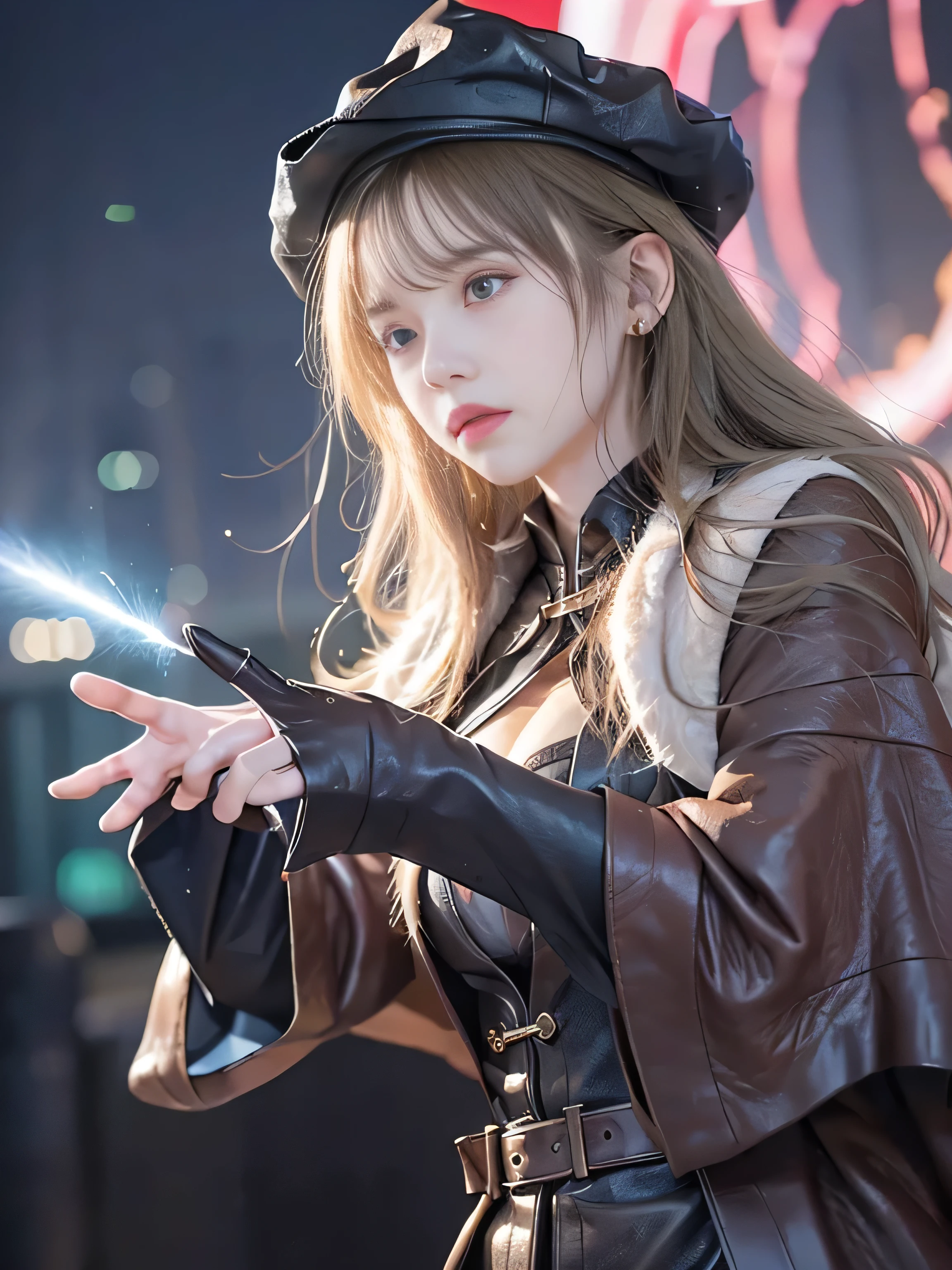 highest quality、masterpiece、超A high resolution、(Photoreal:1.4)、RAW photo、Detailed CG image quality、cyber punk、beautiful feces、1 girl、(leather wizard hat:1.4)、(Leather Wizard Robe:1.4)、cleavage、(Thin Mirror Silver Latex Suit)、(purple eyes), (shining eyes), (Violent arc emanating from the fingers:1.4). detailed portrait、8K quality、bright colors、concept art、cinematic and dramatic atmosphere、sharp focus、volume lighting、movie lighting、Get studio quality、(neon lighting)、written boundary depth、environmental lighting、blurred foreground、blurred background:1.3、(rainy evening:1.4), (Severe lightning strike:1.4),