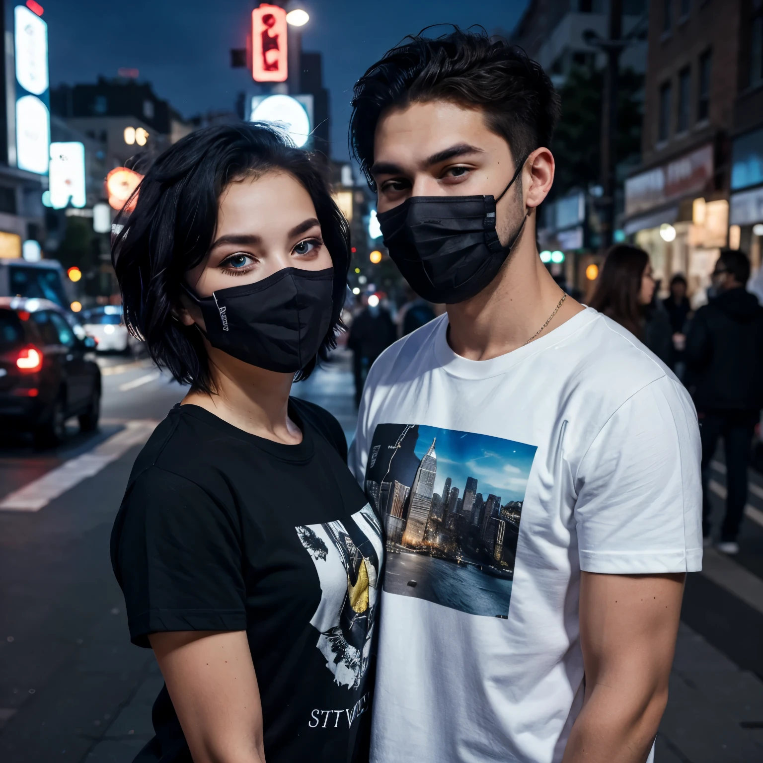 Couple boy and girl, 1 handsome boy and beautiful girl, (girl short hair), black hair, blue eyes, street style, t-shirt, night city background, shiny, viewing viewer, upper body, with mask, (sexy girl)