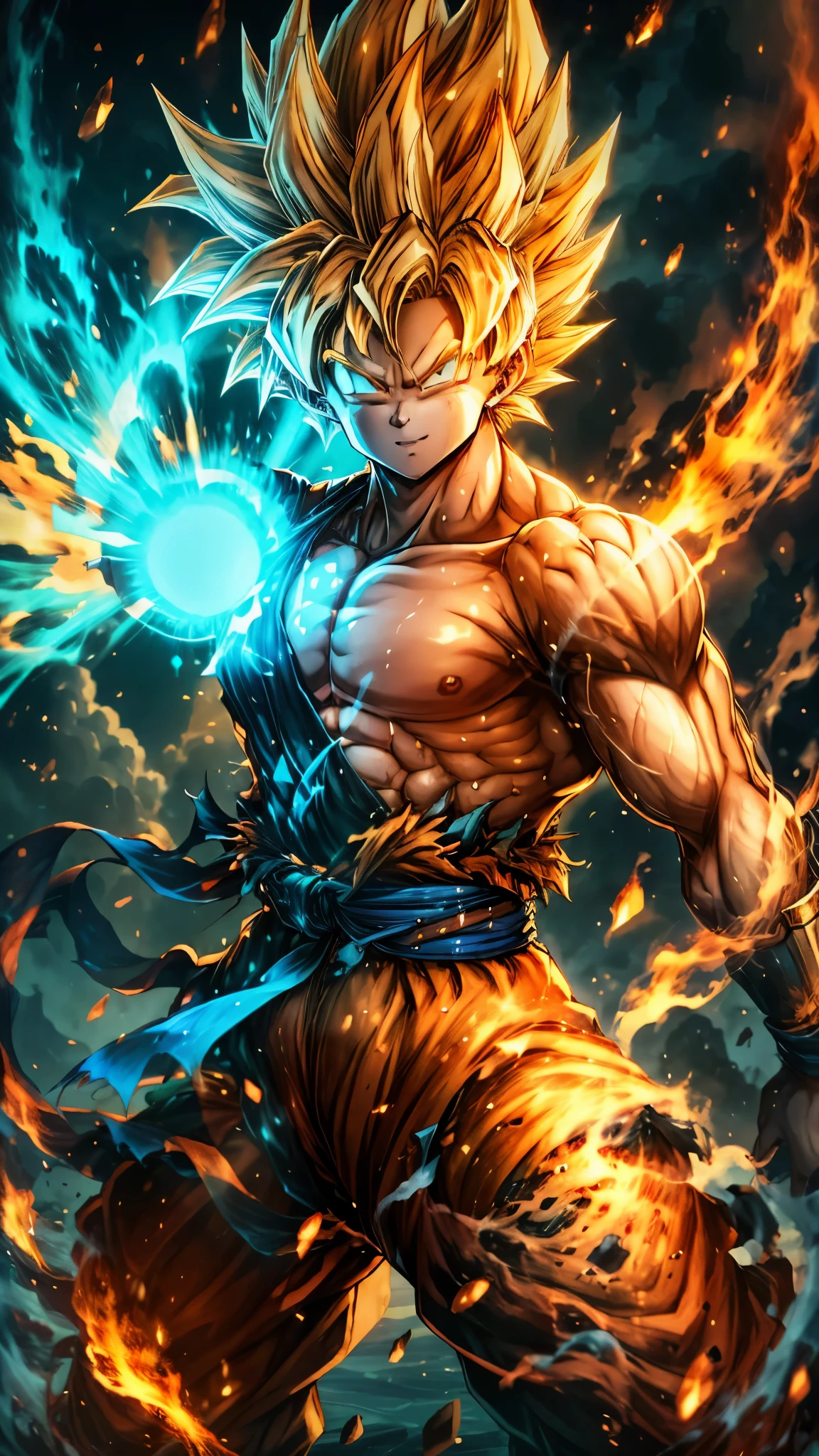 (RAW shooting, Photoreal:1.5, 8k, highest quality, masterpiece, ultra high resolution), ((Wukong, Super Saiyan)), perfect dynamic composition:1.2, Fight:1.2, いたるところで燃え上がる戦fire:1.3, Highly detailed skin and facial textures:1.2, force, aura, fire, water, Wind, thunder, ice, full body shot