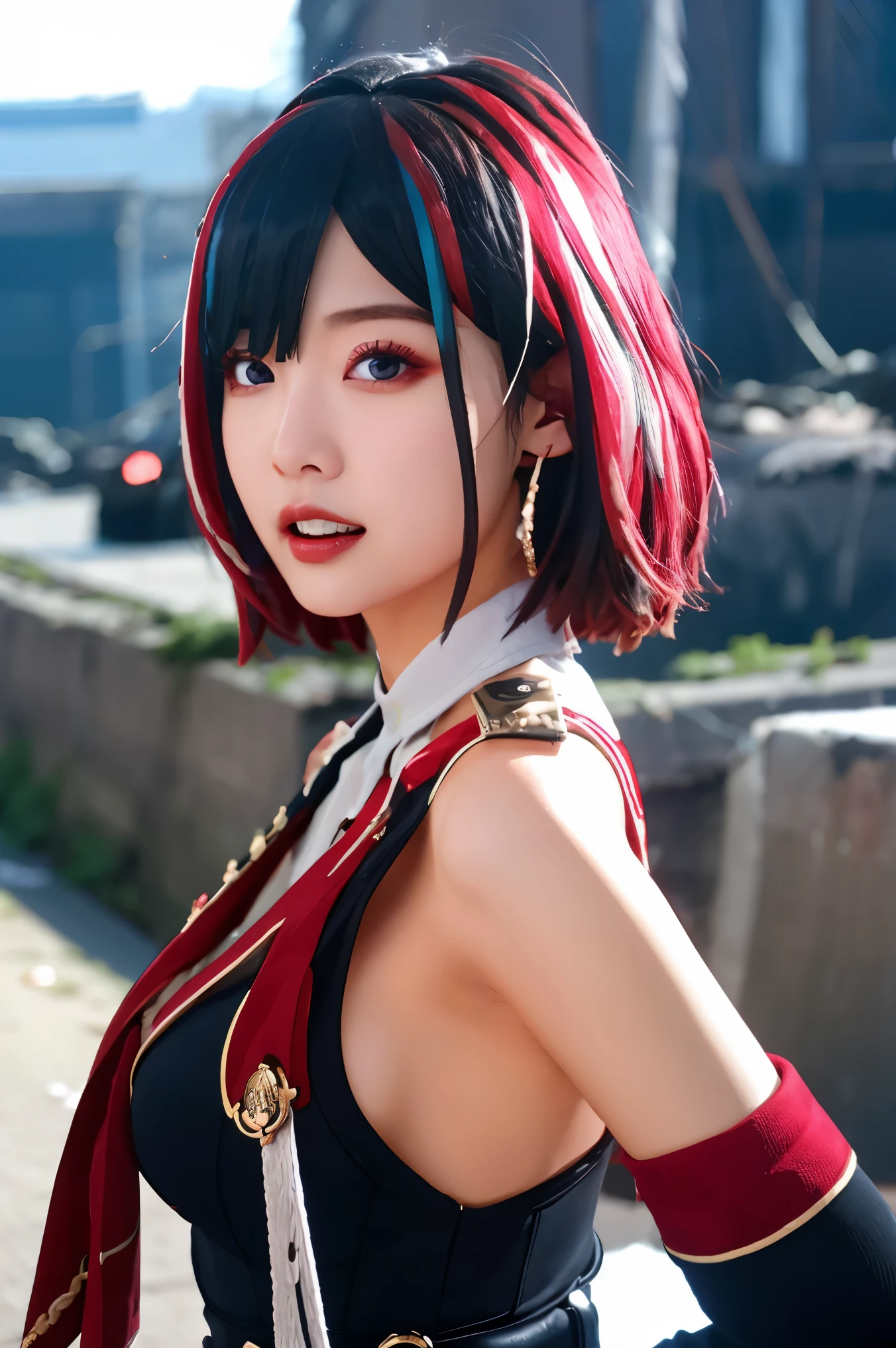 tuopa
1girl
bangs
black gloves
breasts
eyebrows visible through hair
gloves
hair between eyes
hair ornament
looking at viewer
multicolored hair
open mouth
outdoors
parted lips
red hair
rubble
ruins
short hair
silver hair
solo
streaked hair
upper body