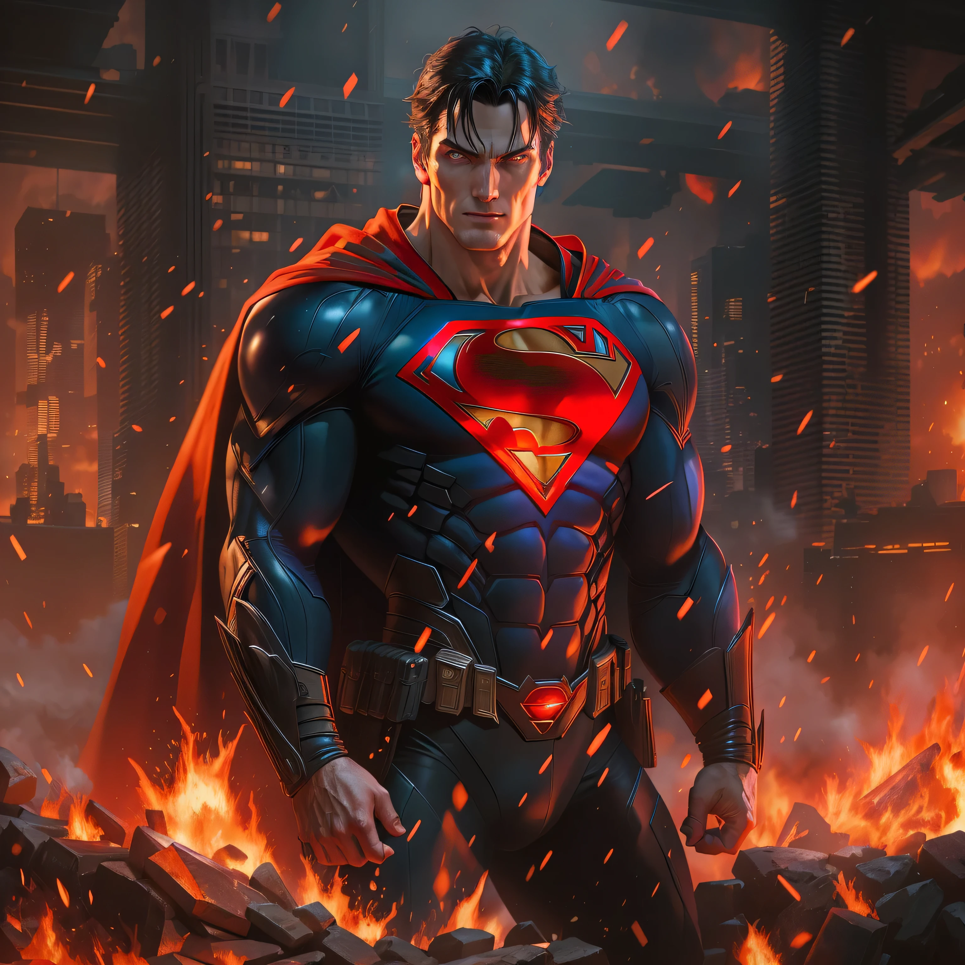 Superman in dark knight costume in front of a fire, epic anime art, artgerm craig mullins, anime concept hdr anime macmanus, with bright red eyes, style of raymond swanland, artgerm and craig mullins, red son, dan mumford. 8k octane rendering