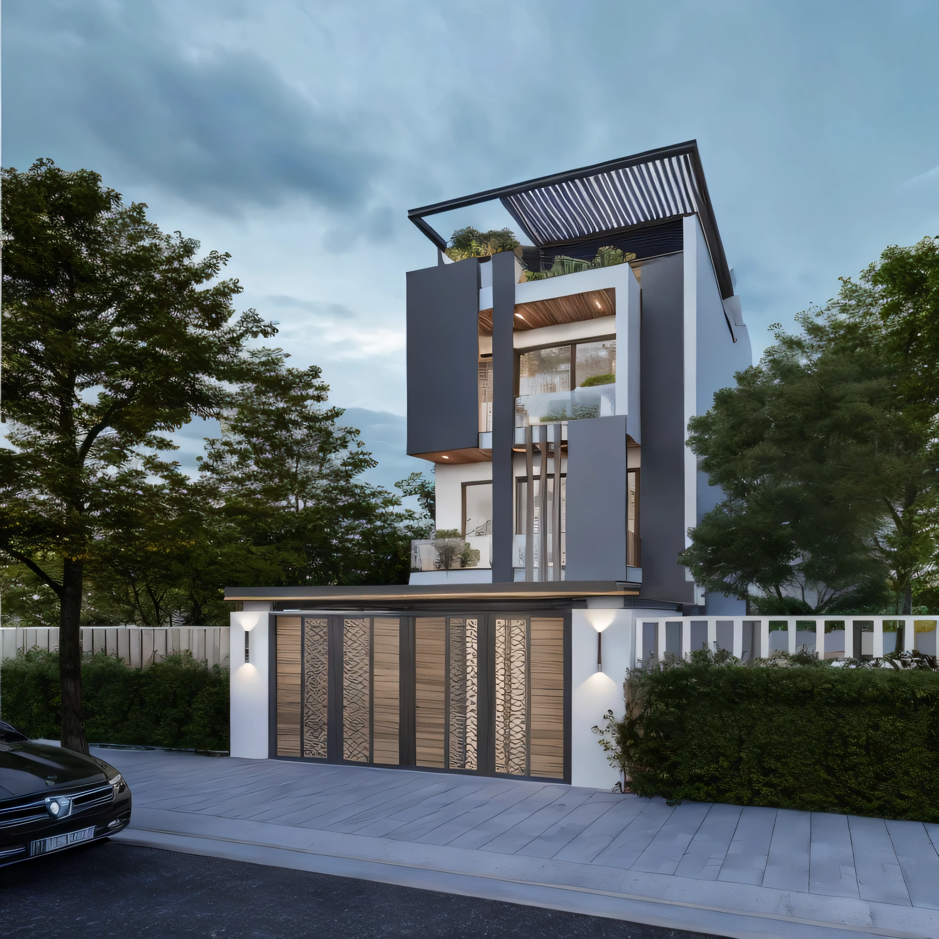rendu d'a modern house with a garage and a car parked in front, precise rendu architecturaling, exterior design, high quality rendering, visualisation architecturale, very detailed 3D rendering, very detailed 3D rendering, very detailed rendering, maison conceptuelle, rendu architecturaling, rendu professionnel, rendu architectural 3D, rendu 3D très réaliste, rendu architectural, Rendu 3D, rendu 3D