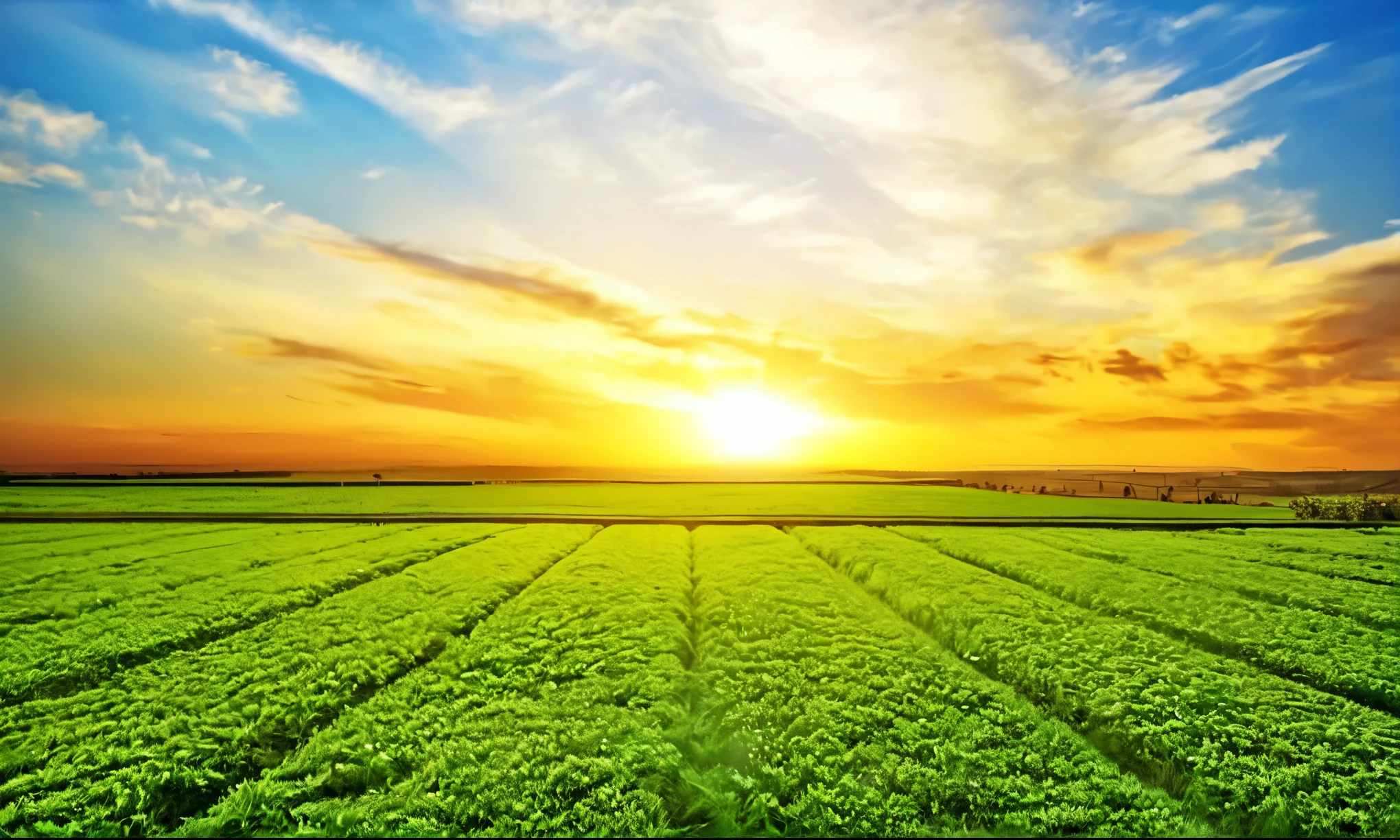 a Campo Verde with a sunset in the background, lindo dia ensolarado, farm fundo de campo, beautiful scenery, Campo Verde, fundo de campo, paisagem ensolarada, in high resolution field, campos detalhados natureza, Belo ambiente, Campo Verdes, linda atmosfera, Campo de grama, vista bonita, ambiente ensolarado, ampla paisagem, uma bela paisagem, verdant Campo Verdes, campo de grama