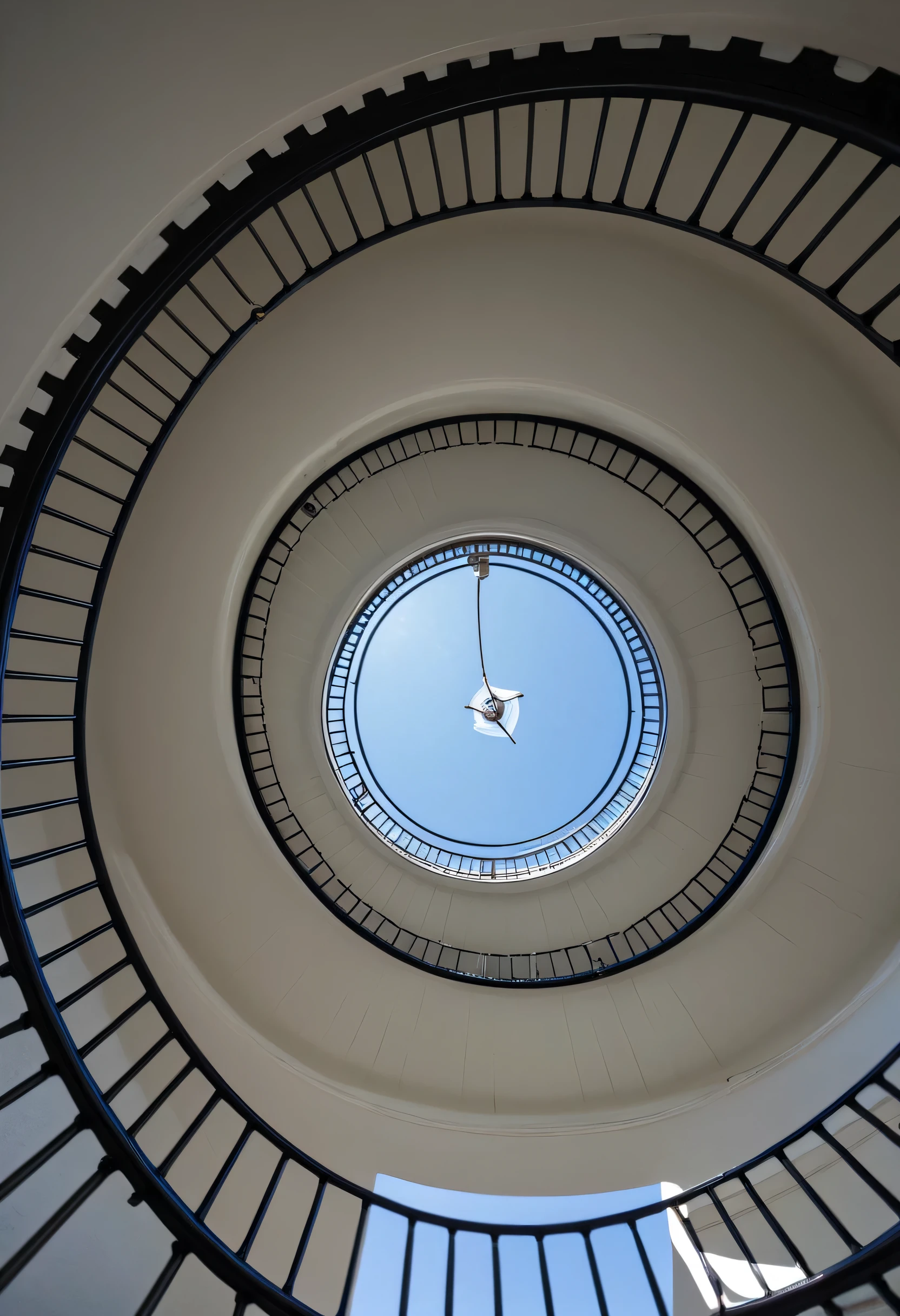 A view from below of the spiral staircase inside the lighthouse