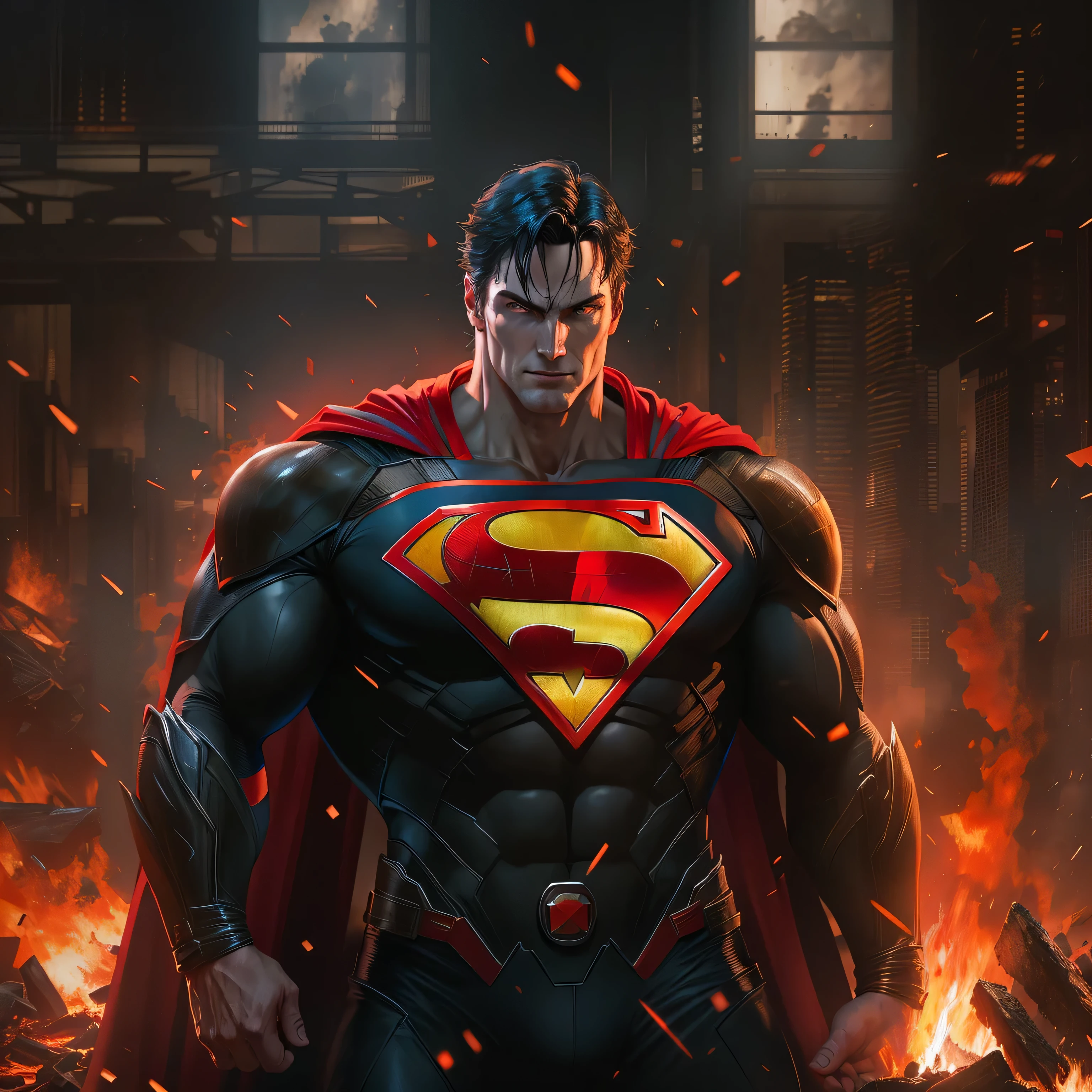 Superman in dark knight costume in front of a fire, epic anime art, artgerm craig mullins, anime concept hdr anime macmanus, with bright red eyes, style of raymond swanland, artgerm and craig mullins, red son, dan mumford. 8k octane rendering