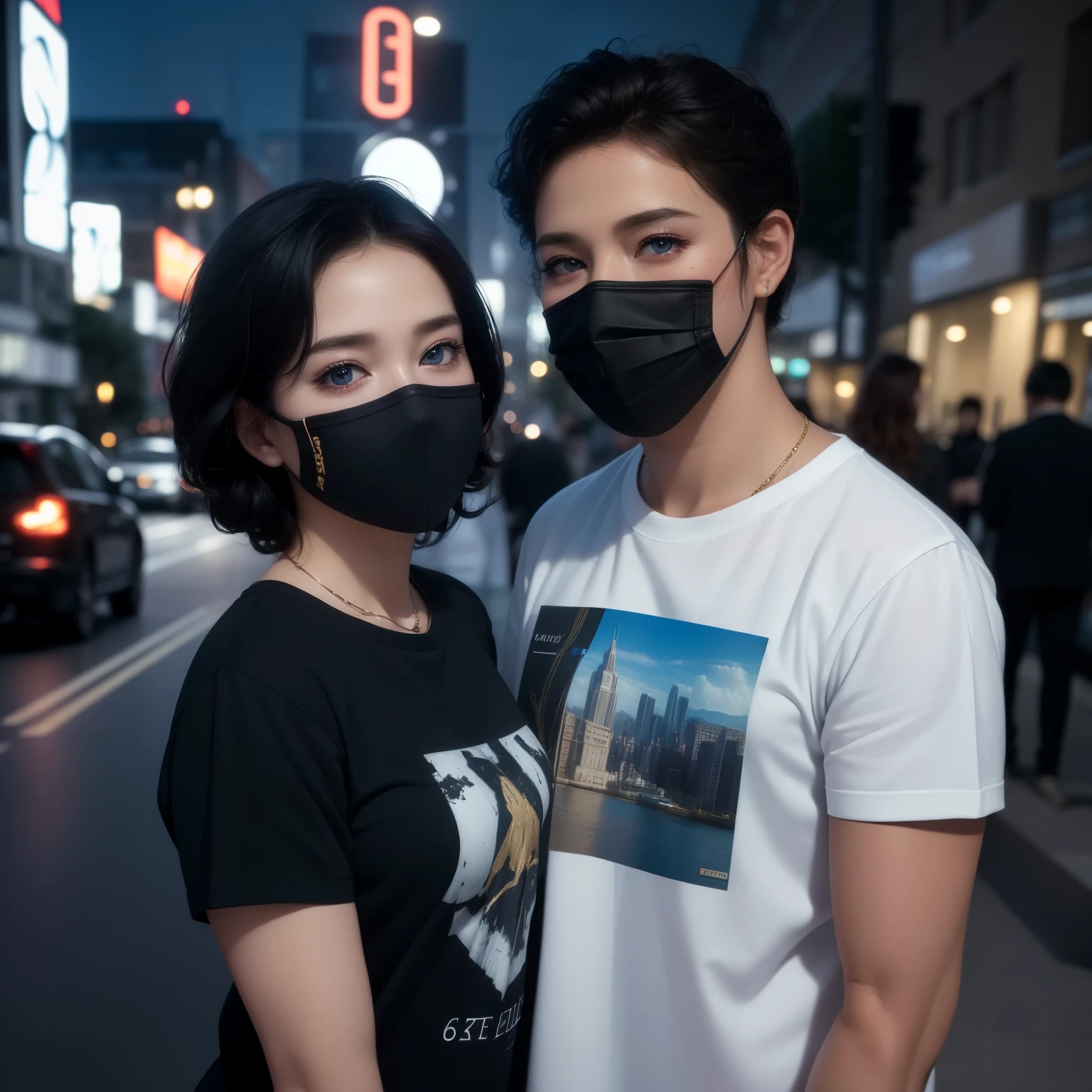 Couple, woman and man, Beautiful big breastokeh), indoors, detailed luxury living room, gentle and charming beautiful goddess, Korean(kpop-idol), solo, necklace, oval face, double eyelids, smart, good hands, good feet, Natural, (from below angle), (glossy skin:1.05), ((low angle)), Perfect figure, (64k, UHD, RAW photo, best quality, masterpiece:1.4), (realistic, photo-realistic:1.37), ultra high res, photon mapping, radiosity, physically-based rendering, professional soft lighting, blue eyes, mask, (curly hair), (woman bigs tits)