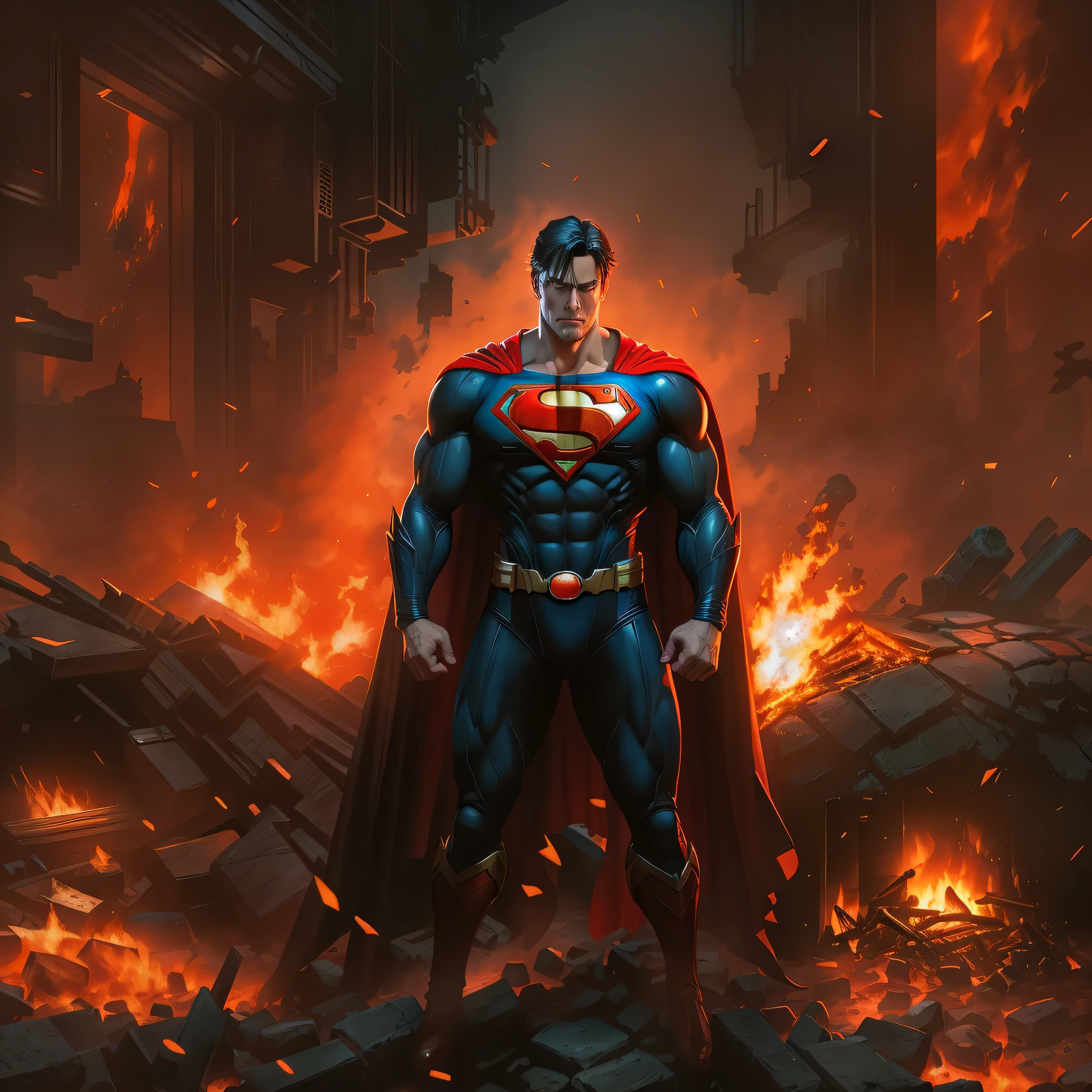 Superman in dark knight costume in front of a fire, epic anime art, artgerm craig mullins, anime concept hdr anime macmanus, with bright red eyes, style of raymond swanland, artgerm and craig mullins, red son, dan mumford. 8k octane rendering