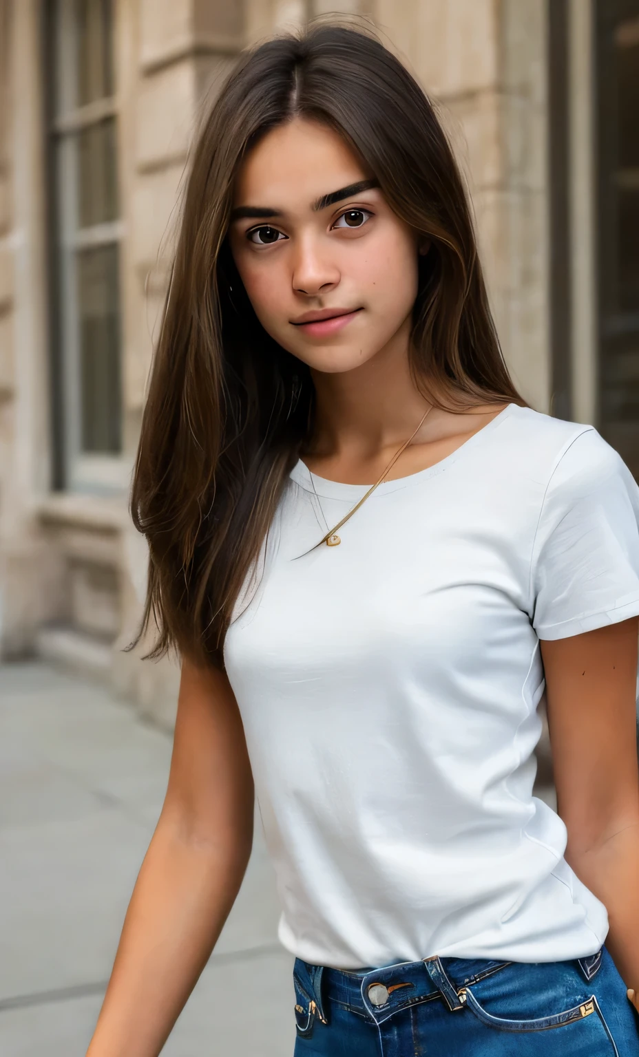 ((high quality)), (RAW Photo), DSLR, 1 girl, a 20 year old woman wearing jeans and white t-shirt ,brunette,(look at at viewer:0.1), (real skin:1.1), ((tan skin)), (detailed skin), stunning, perky , depth of field, sharp focus, high quality, dark colors, dark light, instagram