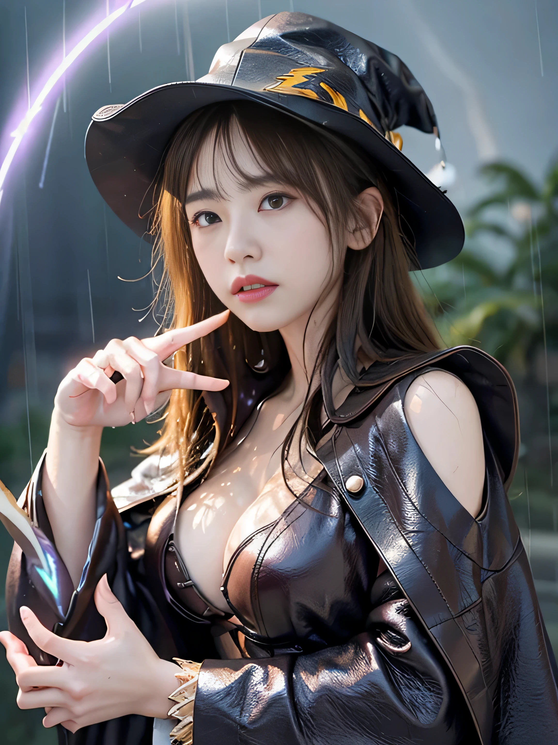 highest quality、masterpiece、超A high resolution、(Photoreal:1.4)、RAW photo、Detailed CG image quality、cyber punk、beautiful feces、1 girl、(leather wizard hat:1.4)、(Leather Wizard Robe:1.4)、cleavage、(Thin Mirror Silver Latex Suit)、(purple eyes), (shining eyes), ((Violent arc emanating from the fingers:1.4)). detailed portrait、8K quality、bright colors、concept art、cinematic and dramatic atmosphere、sharp focus、volume lighting、movie lighting、Get studio quality、(neon lighting)、written boundary depth、environmental lighting、blurred foreground、blurred background:1.3、(rainy evening:1.4), (Severe lightning strike:1.4), magic circle,