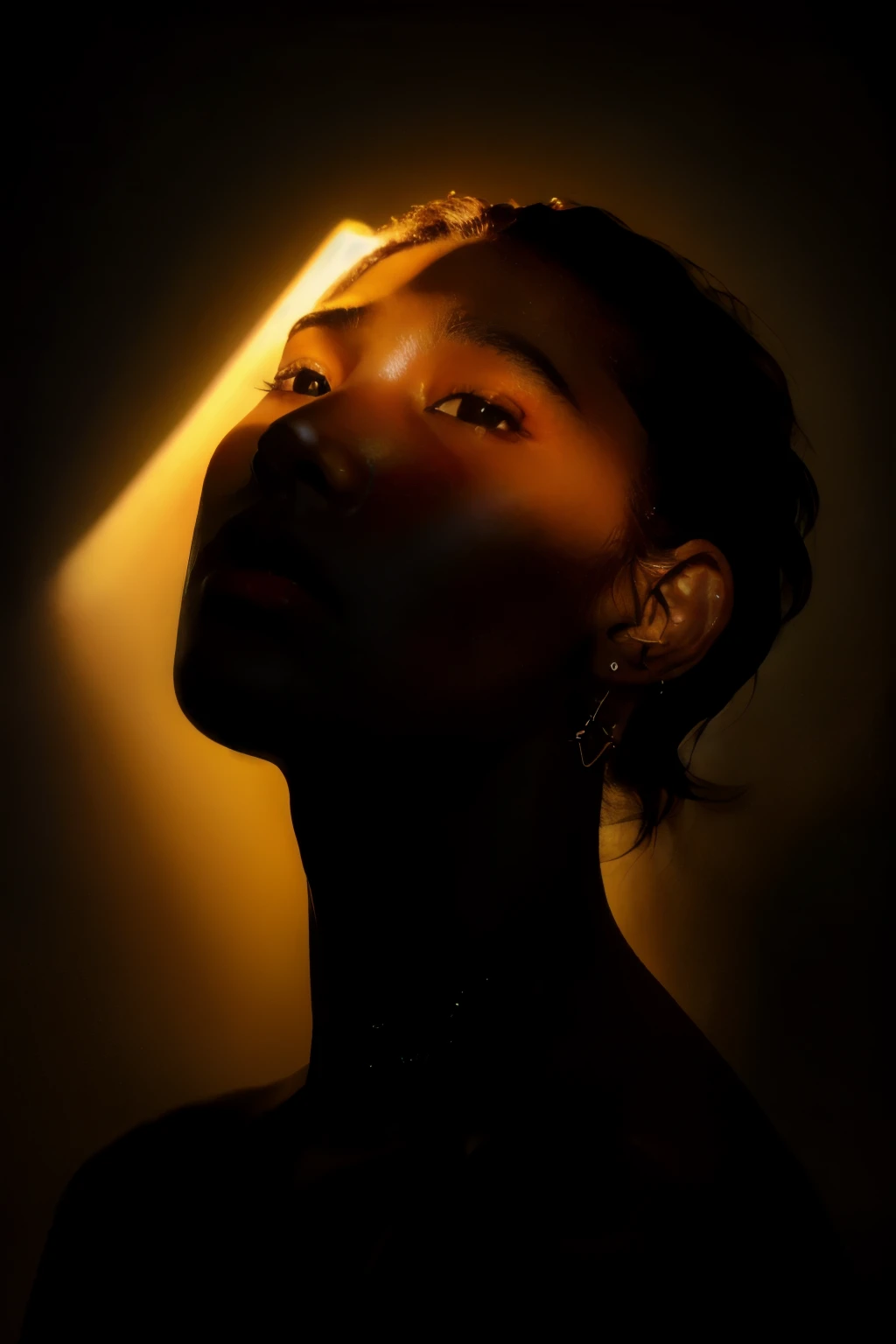masterpiece,best quality,ultra highres,Professional,Vivid Colors,physically-based rendering,sharp focus,extreme detail description,
2girls,yellow spotlight,dark theme,upper body,beautiful detailed skin,looking up,tearing_up,looking at viewer,parted lips,very short brown hair,Earring,(dark background:1.2),