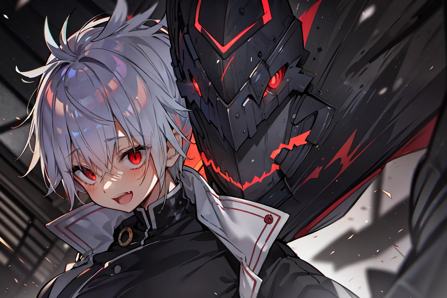 One Person,Anime boy with white hair and red eyes looks at camera, Glowing red eyes,slim, dressed in a black outfit,Shadow Body,monochromes,hair messy,Crazy smile,open mouth