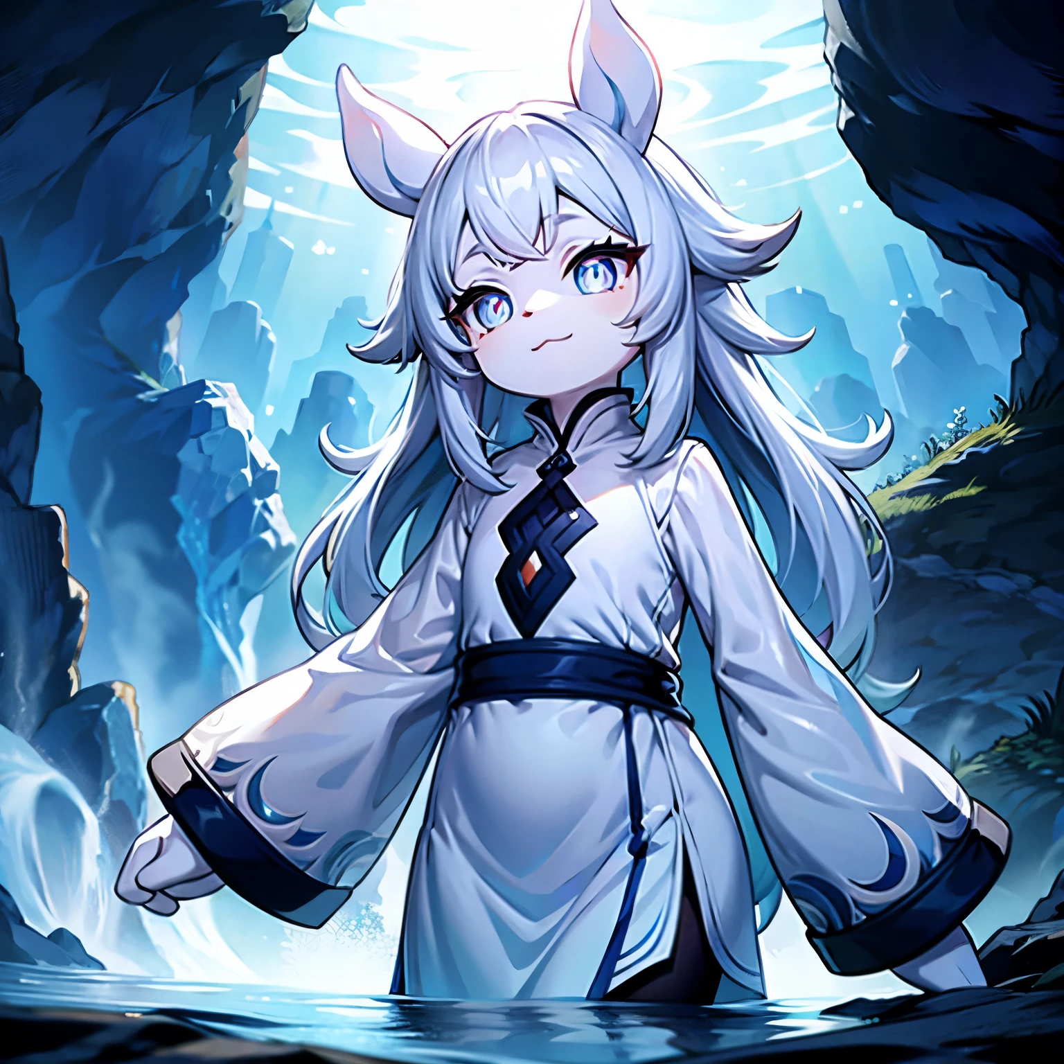 Illustration of one cute little furry creature, with silver eyes, pale eyes , slit pupils, dragon pupils, white skin with midnight blue patterns, cute silver white dress, long wavy hair, white hair, side wavy bangs, standing underwater , outdoor, hyper detailed, perfect eyes, cute , calm smile, calm expression , gorgeous , perfect body , highest quality, perfect lightning 