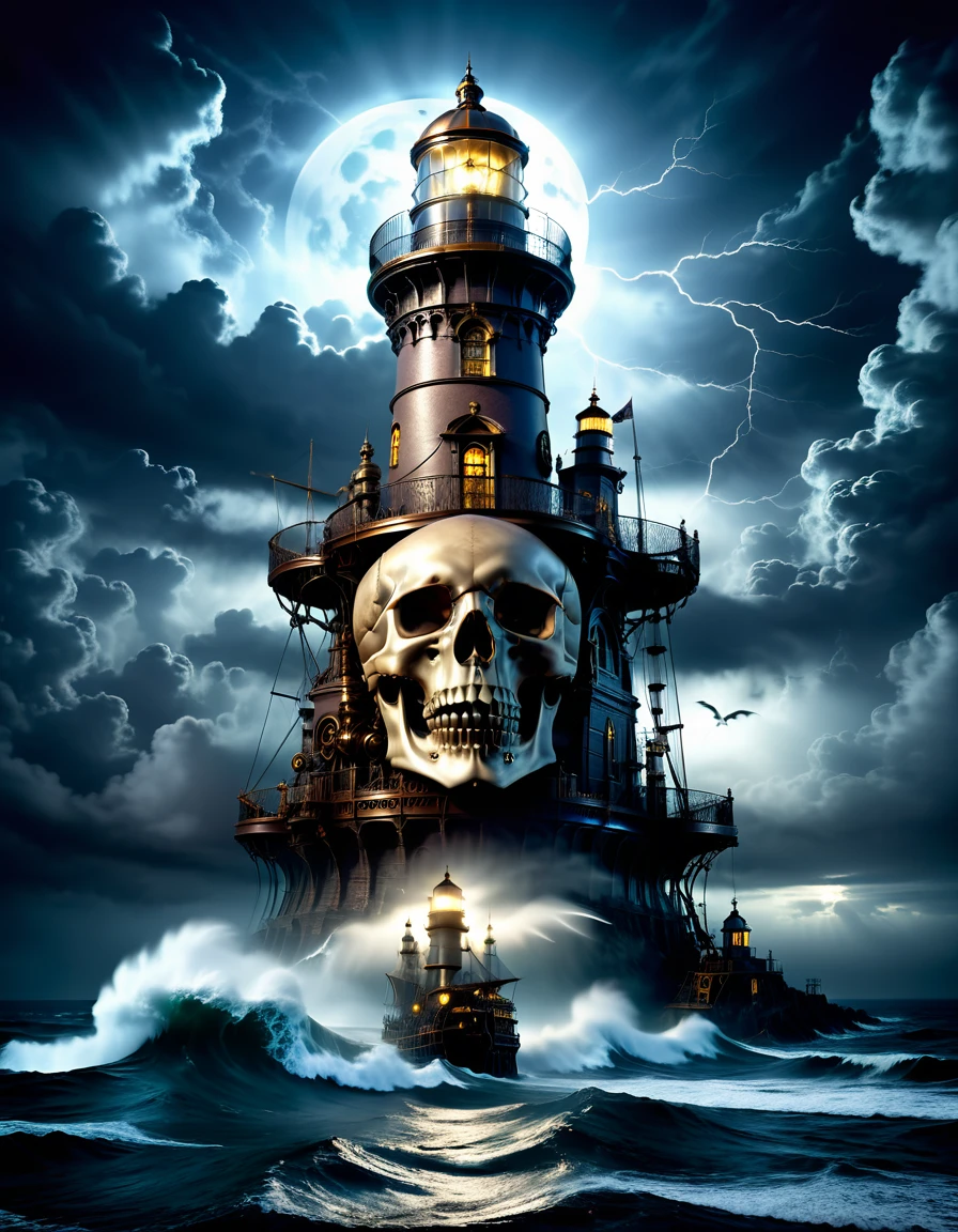 A solitary lighthouse steampunk battling the storm, the light of the full moon illuminating the tumultuous waves, ((the clouds in the sky form a magnificent skull:1.5)), ((the mystical mist form a magnificent skull)) adding an atmosphere of mystery and danger, while lightning rends the night sky, reflective water, ultrahigh definition, 3D depth, inspired by Leonardo da Vinci, Rembrandt, J.M.W. Turne