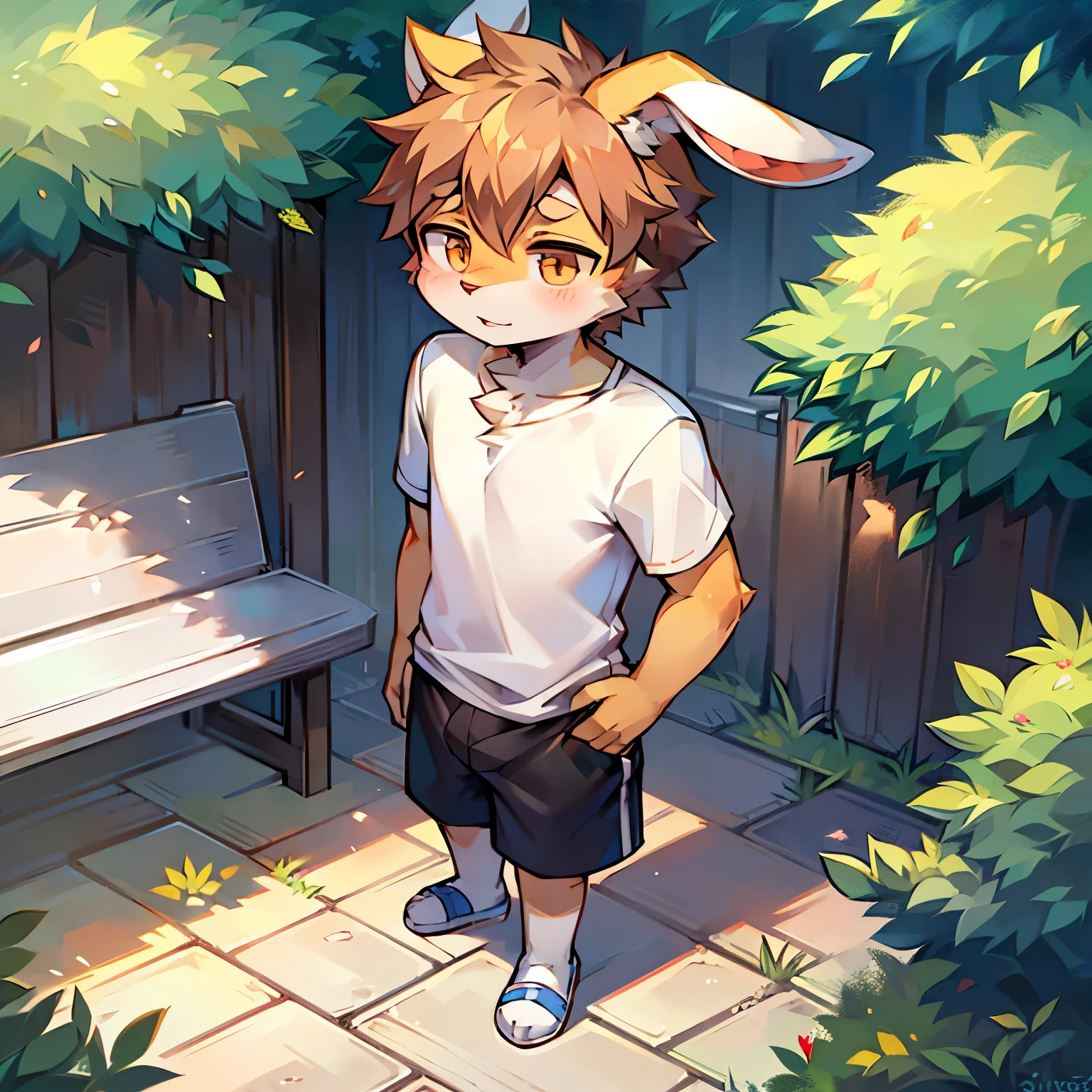 Bright outside,bunny boy,bunny ears,male focus,furry men,Characteristics of a three-year-old boy,Furry Shota,One meter six height,White T-shirt,shorts,Standing posture