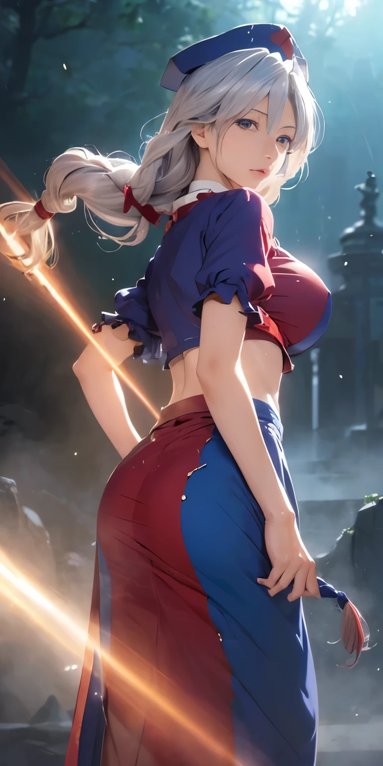 (masterpiece, best quality:1.3), Yagokoro Eirin, Touhou Series, perfect face, expressive eyes, 1woman, looking at viewer, 38 years old, gorgeous body, big breast, beautiful, anime, lora,1woman, silver hair, braid hair, nurse cap, red and blue clothes, long skirt, (cinematic lighting, realistic, dream-like, enchanting atmosphere:1.5),