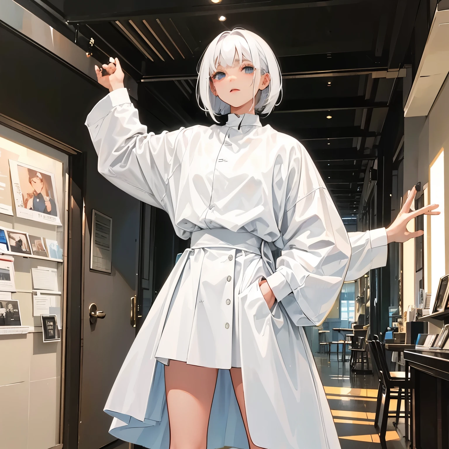 A short girl with white hair and comfortable clothes irritated by a tall boy with messy hair looking funny