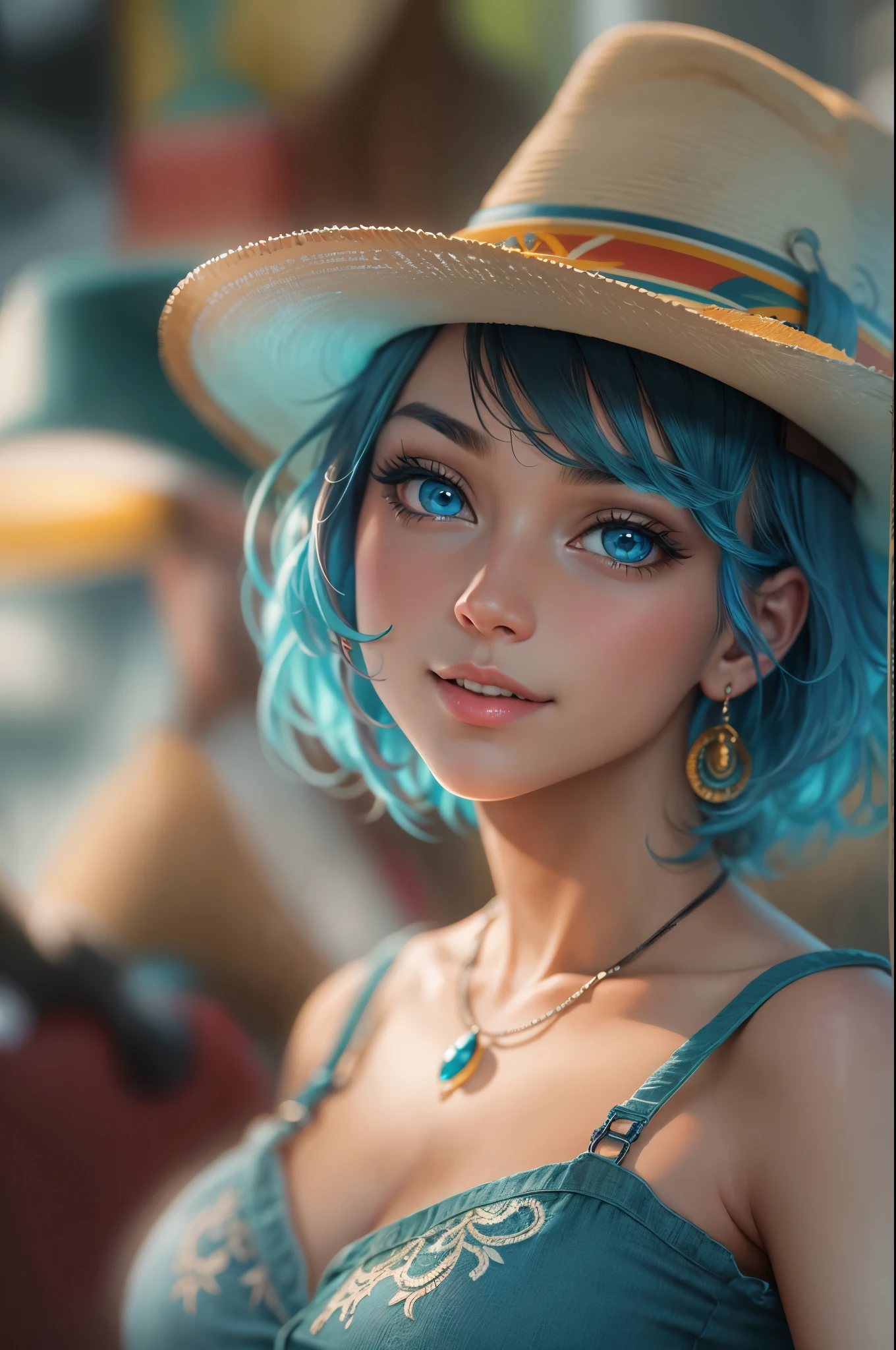 ultra detail, vibrant colors, girl, masterpiece, sharp focus, best quality, depth of field, cinematic lighting, realistic, correct anatomy, cleavage, winer fair,,blue short hair young girl one person hat earrings