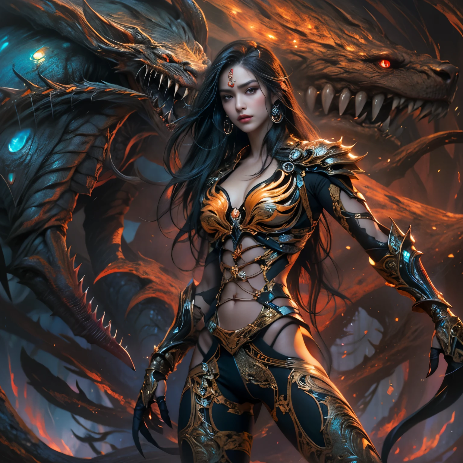 A female alien predator, of exquisite beauty beyond comparison, her intense gaze fixed on her prey with a hunter's focus, her long dark claws poised to strike. Her lean, muscular body was a sight to behold, every inch of her hyper-detailed figure exuding energy and raw power. Her shining sky blue orange eyes, the most beautiful in the universe, framed by thick eyebrows, shimmered with an otherworldly allure. Her jet black hair, symmetrically arranged, glistened under the rich colorful lights that illuminated her surroundings. Her eyes, highly detailed and full of life, held a seductive, alluring gaze that was both entrancing and intimid