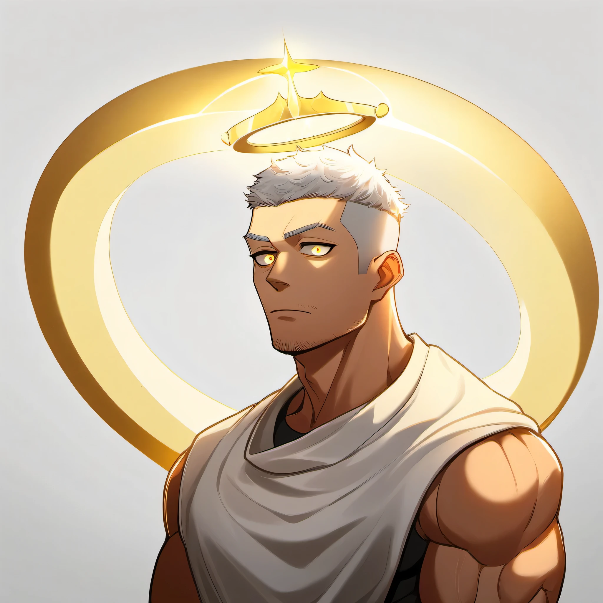 1 muscular monk, male focus, White compression pantyhose, white hair, muscular male, muscular, only, Upper body, alone, white short hair, stubble, yellow eyes, White background, simple background, amazing quality, best aesthetics, Ridiculous, bright pupils, There is a dazzling halo behind the head, halo, sigh, short hair, best quality