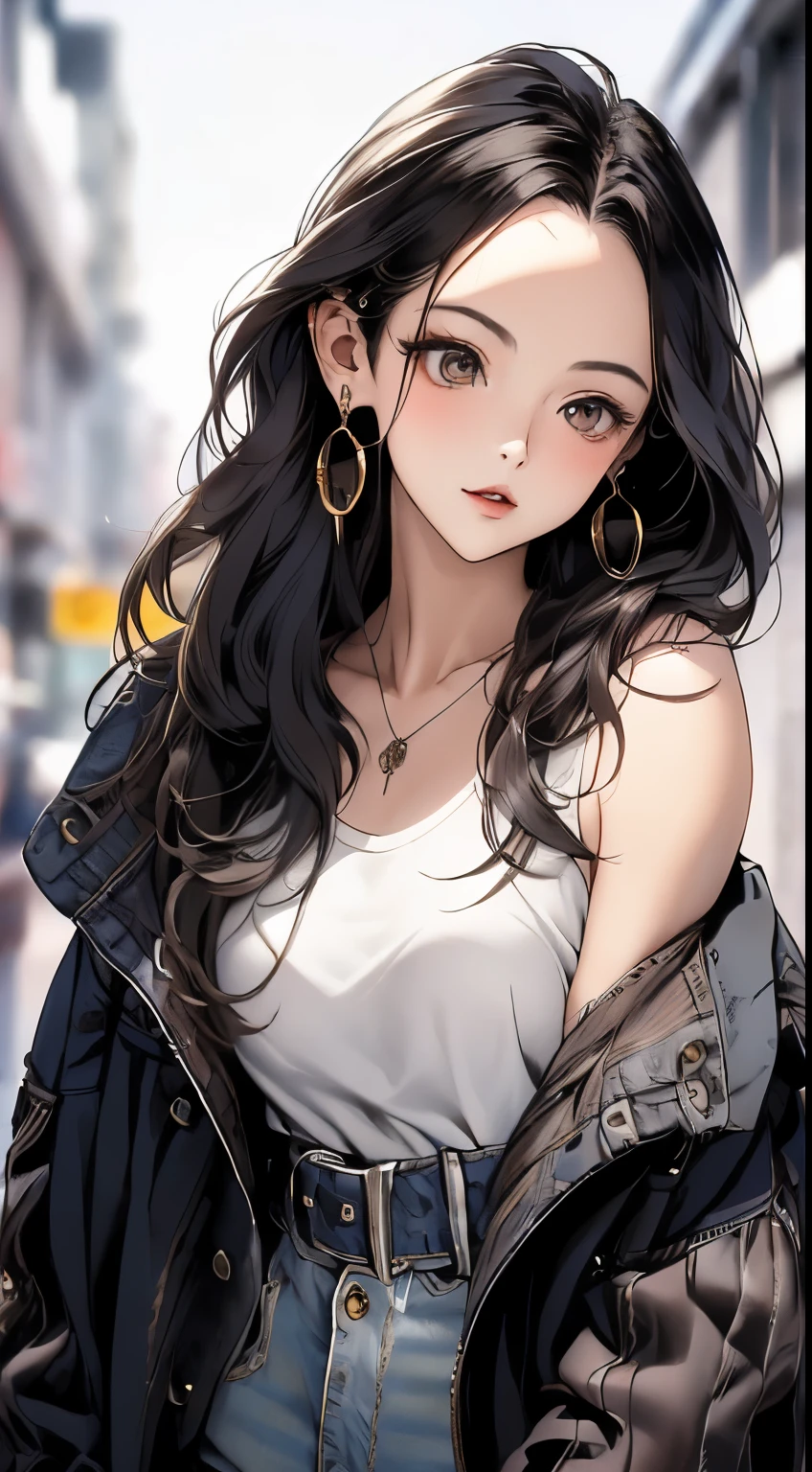 masterpiece, highest quality, pixiv, cool girl, lots of earrings, earrings, dark brown hair, (medium hair:1.8, forehead:1.6), dull bangs, straight bangs, gray eyes, white skin, gal, Improve, (big breasts)