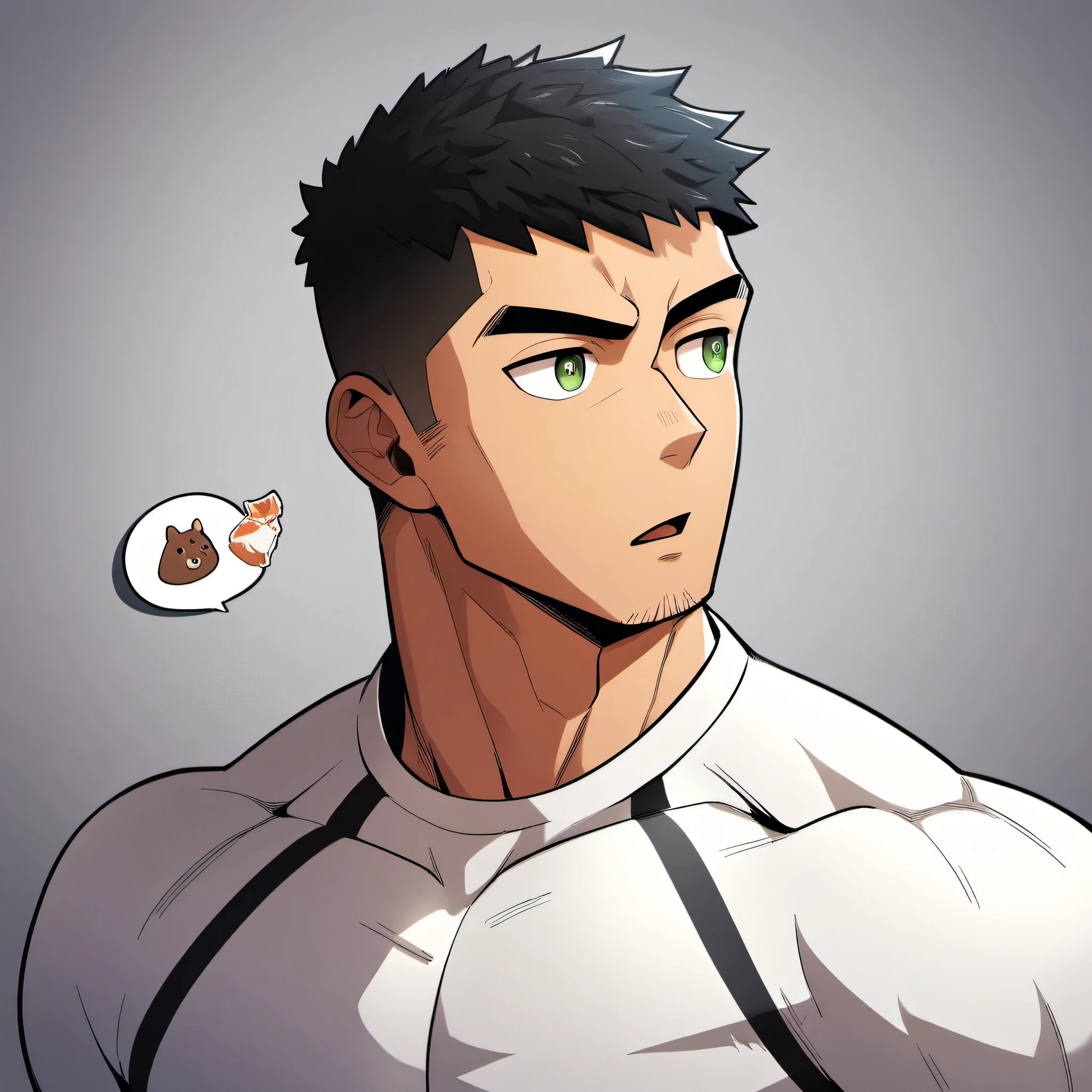 1 sports boy, male focus, White compression pantyhose, muscular male, muscular, only, Upper body, alone, look to the side, dialog box, short hair, stubble, black hair, green eyes, open lips, White background, simple background, amazing quality, best aesthetics, Ridiculous, 2023, short hair, bright pupils, V-shaped eyebrows, Jiliu, best quality